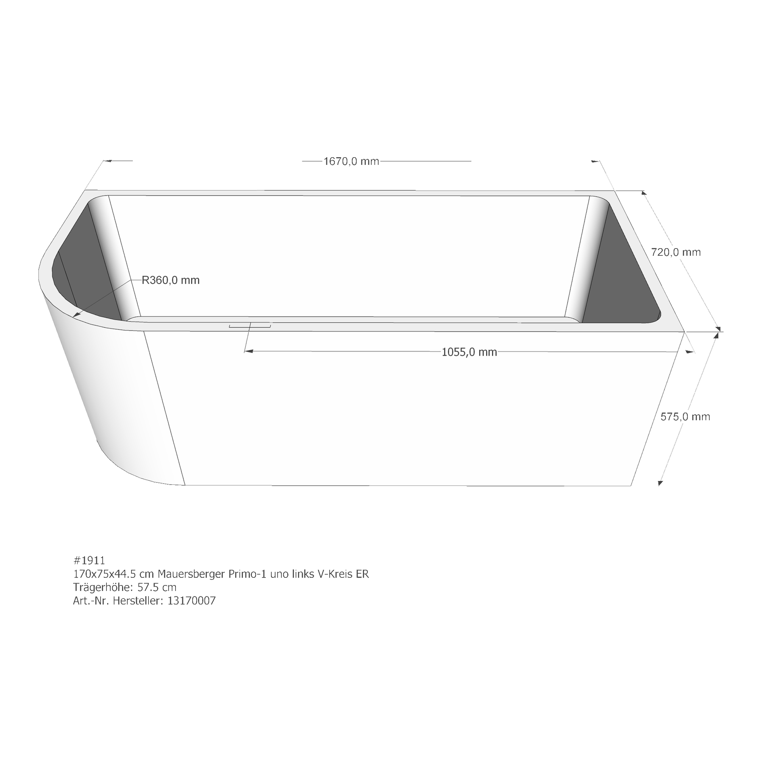 Badewannenträger für Mauersberger Primo 1 links uno links 170 × 75 × 44,5 cm Badewannenträger für Mauersberger Primo 1 links uno links 170 × 75 × 44,5 cm
