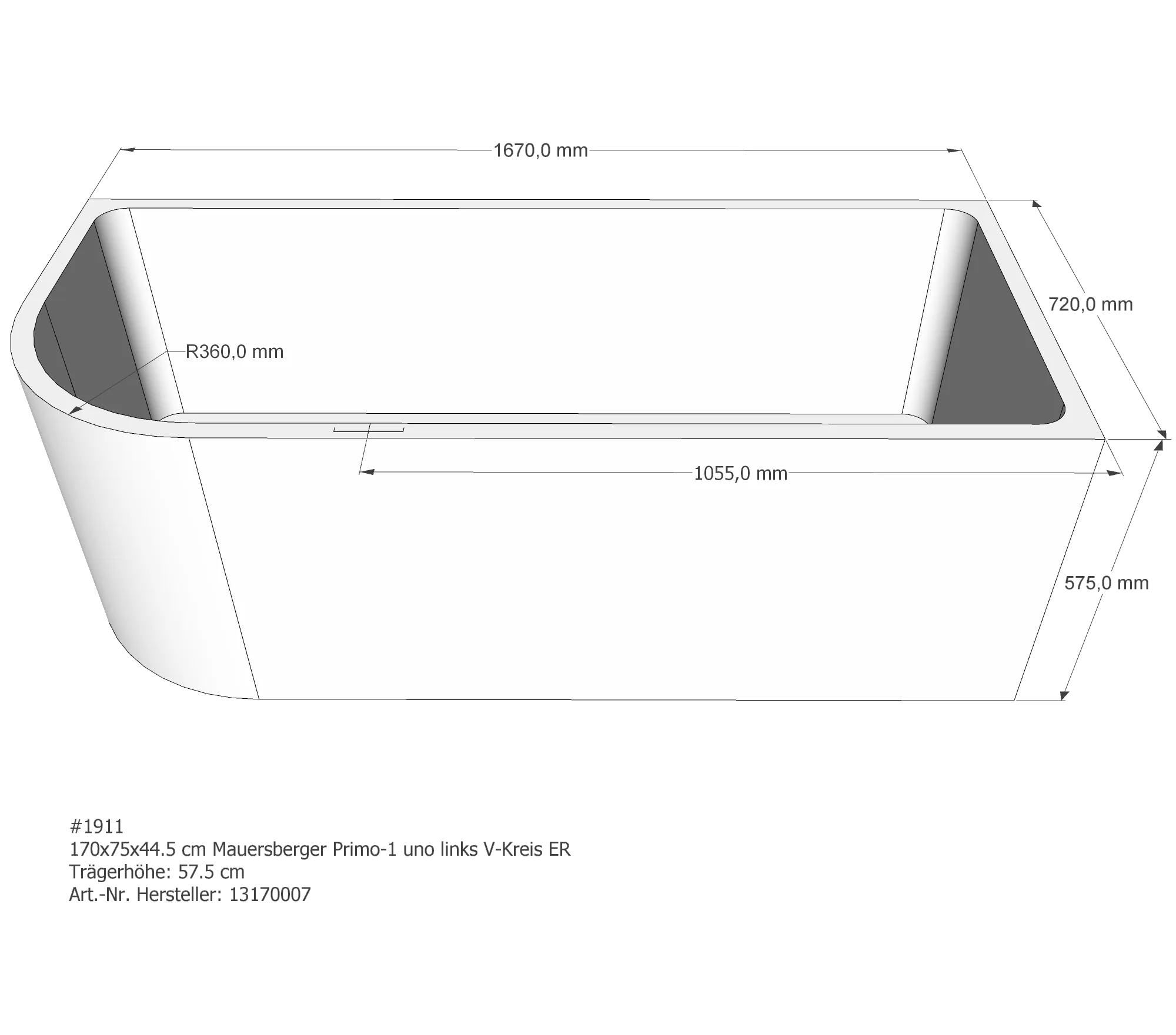 Badewannenträger für Mauersberger Primo 1 links uno links 170 × 75 × 44,5 cm