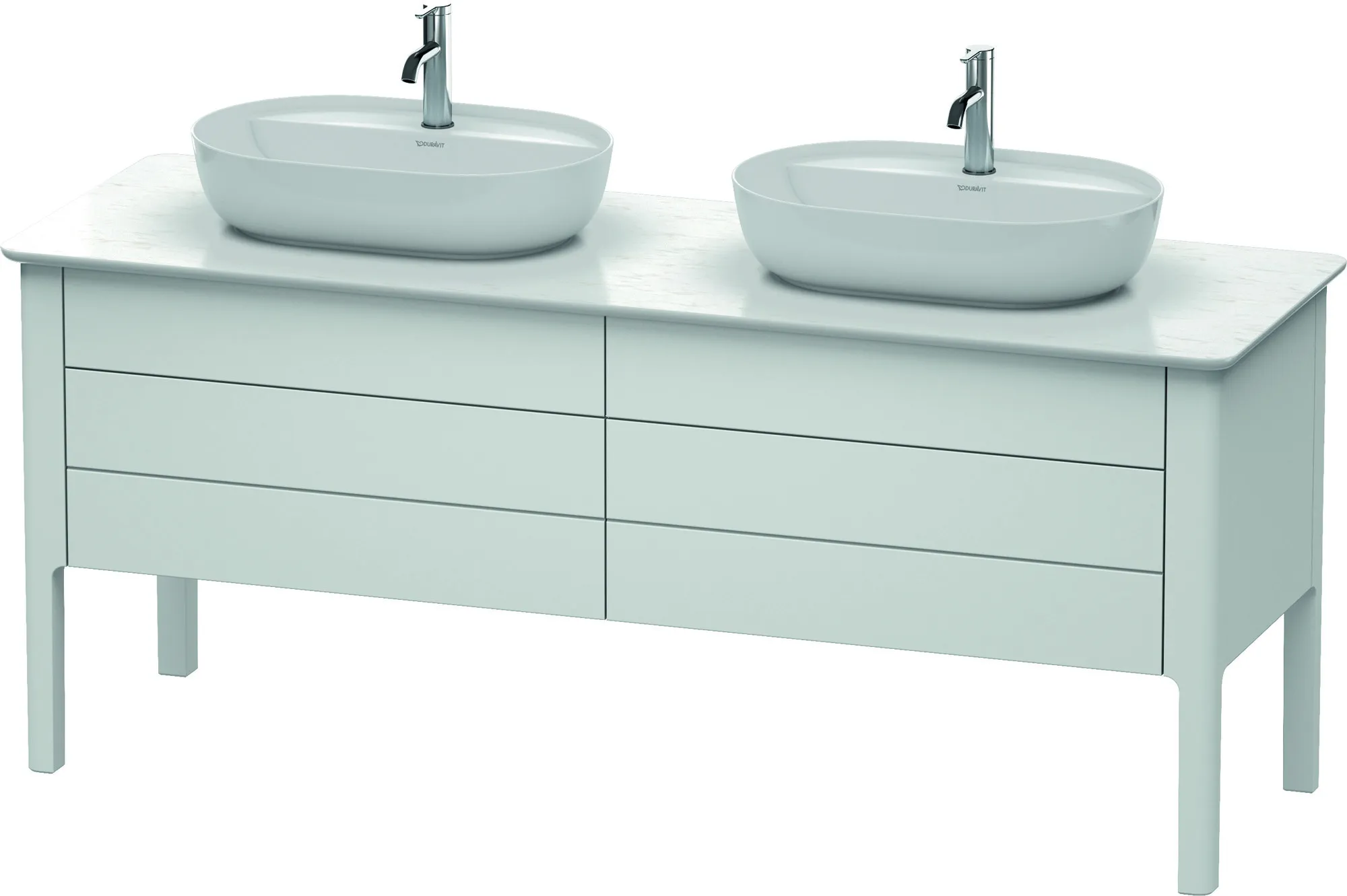 Duravit Waschtischunterschrank bodenstehend „Luv“ 173,3 × 74,3 × 57 cm Weiß Seidenmatt Becken: links und rechts / Front- & Korpusfarbe: Weiß Seidenmatt / Größe: 173,3 × 57 × 74,3 cm / Schubladen: 4