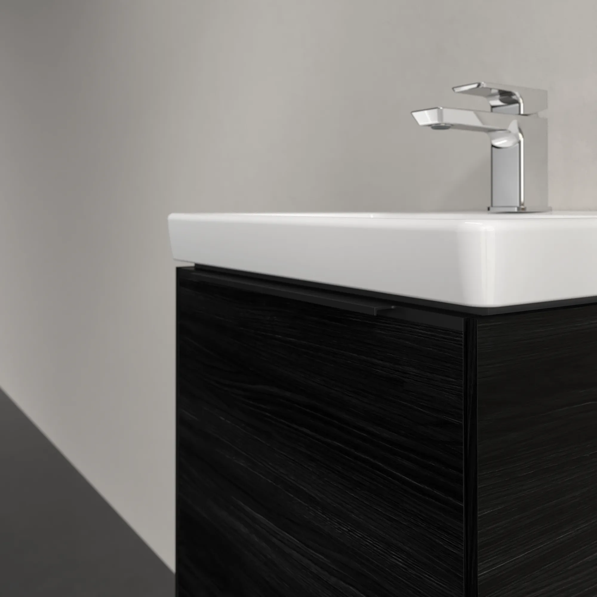 Villeroy & Boch Waschtischunterschrank mit Tür „Subway 3.0“ für Schrankwaschtisch 423 × 429 × 378 mm Black Oak, 1 Tür, für Becken mittig, Anschlag links Villeroy & Boch Waschtischunterschrank mit Tür „Subway 3.0“ für Schrankwaschtisch 423 × 429 × 378 mm Black Oak, 1 Tür, für Becken mittig, Anschlag links