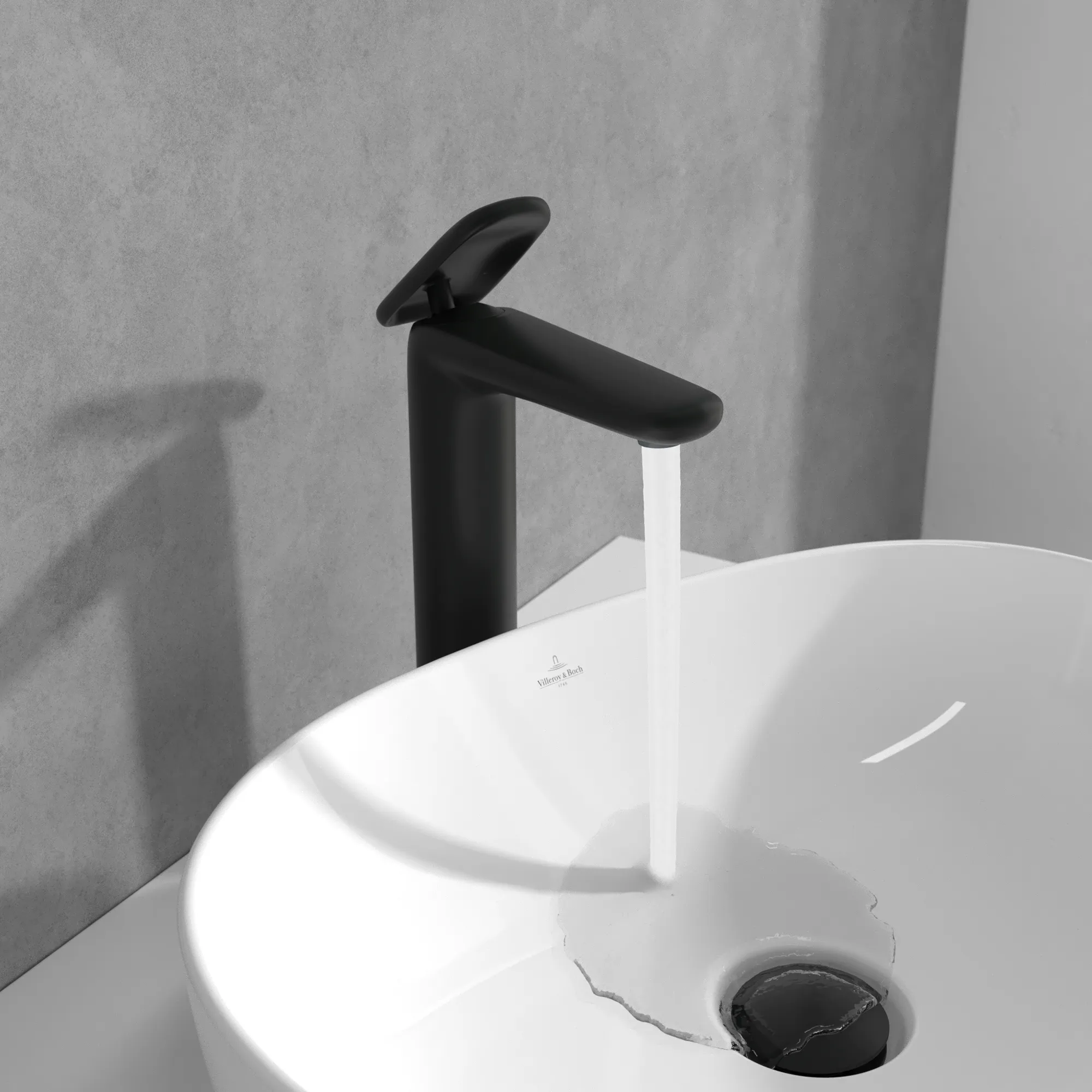 Villeroy & Boch Antao Einhebel-Waschtischarmatur erhöhter Standmontage, rund, Matt Black, 49,75 x 184 x 286 mm, mit Push-Open-Ablaufgarnitur und AirPlus-Technologie