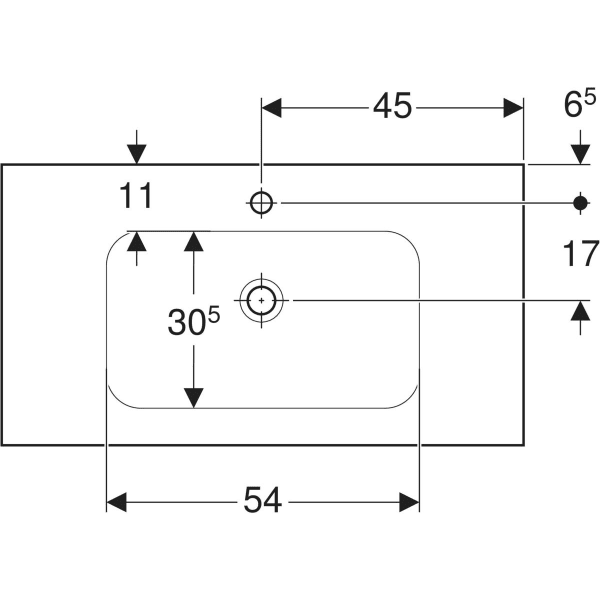 Wandwaschtisch mit Ablagefläche „iCon Light“, mittig, Ablagefläche links und rechts, rechteckig, Hahnlochposition mittig 90 × 48 cm in Edelstahl