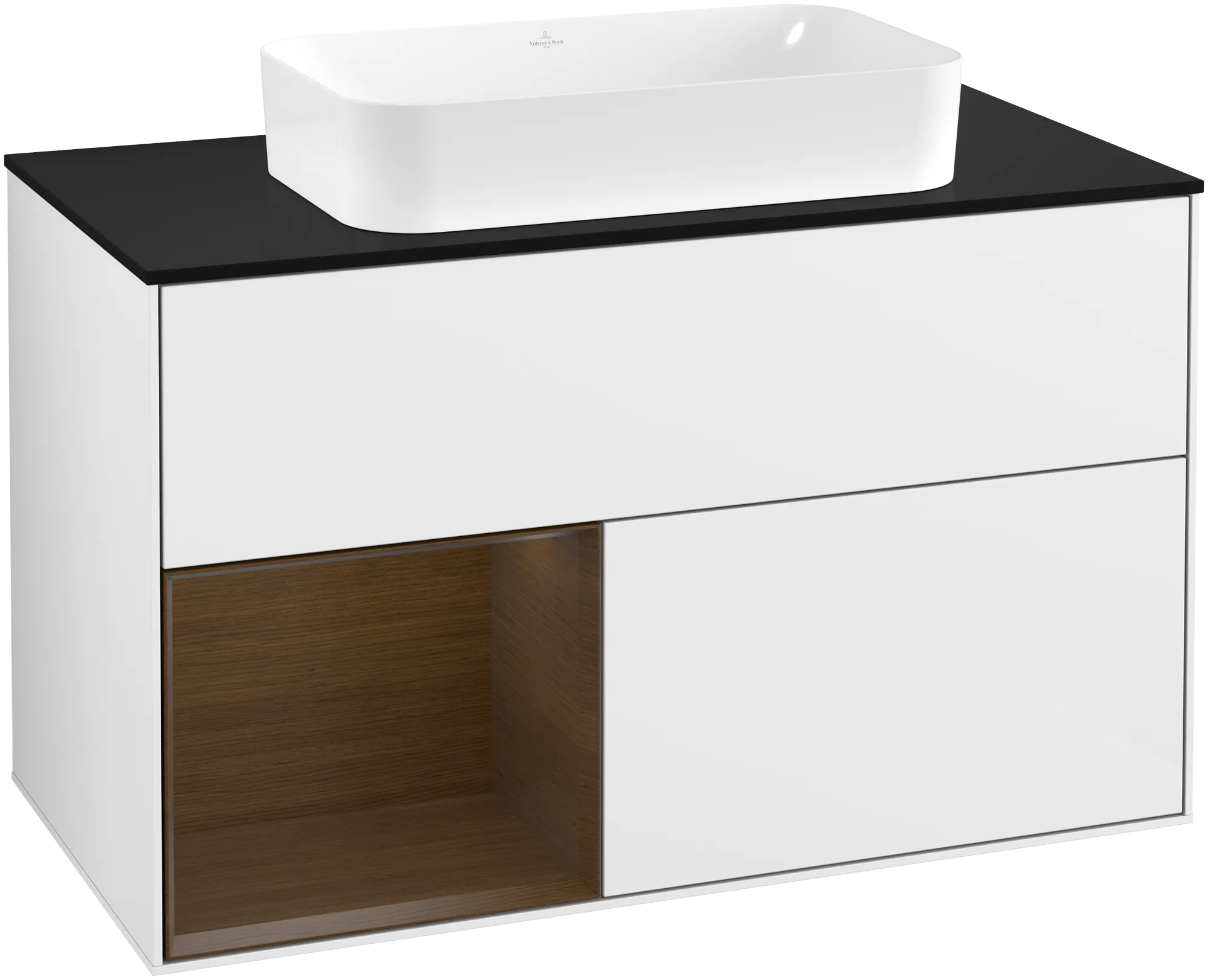 Villeroy & Boch Finion Waschbeckenunterschrank F24 1000x603x501mm Glossy White Lacquer / Walnut Veneer / Glass Black Matt