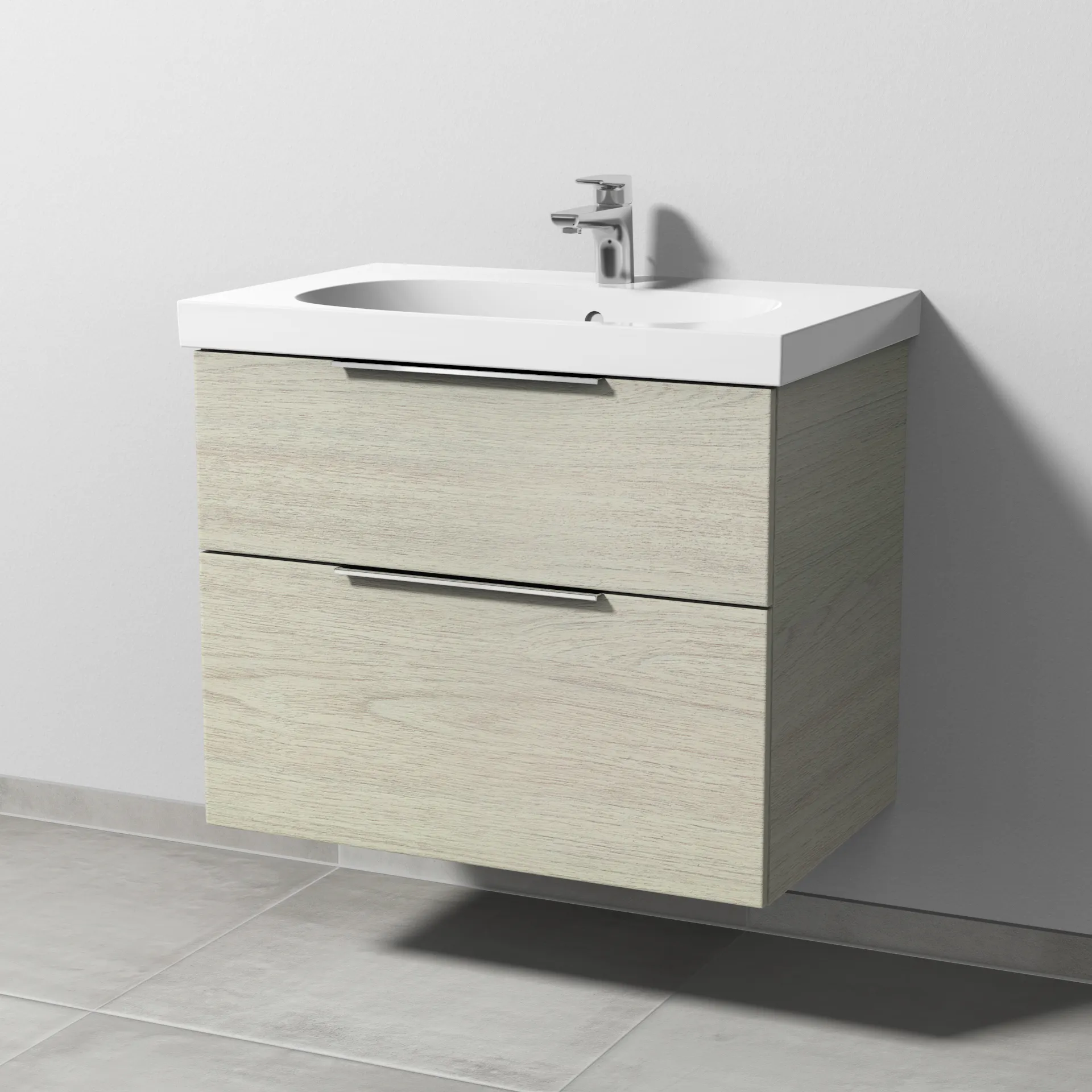 Sanipa Waschtischunterschrank „3way“ passend zu Keramik-Waschtische Acanto von Geberit 720 × 586 × 467 mm in White Oak, mit Hahnlochbohrung, Becken