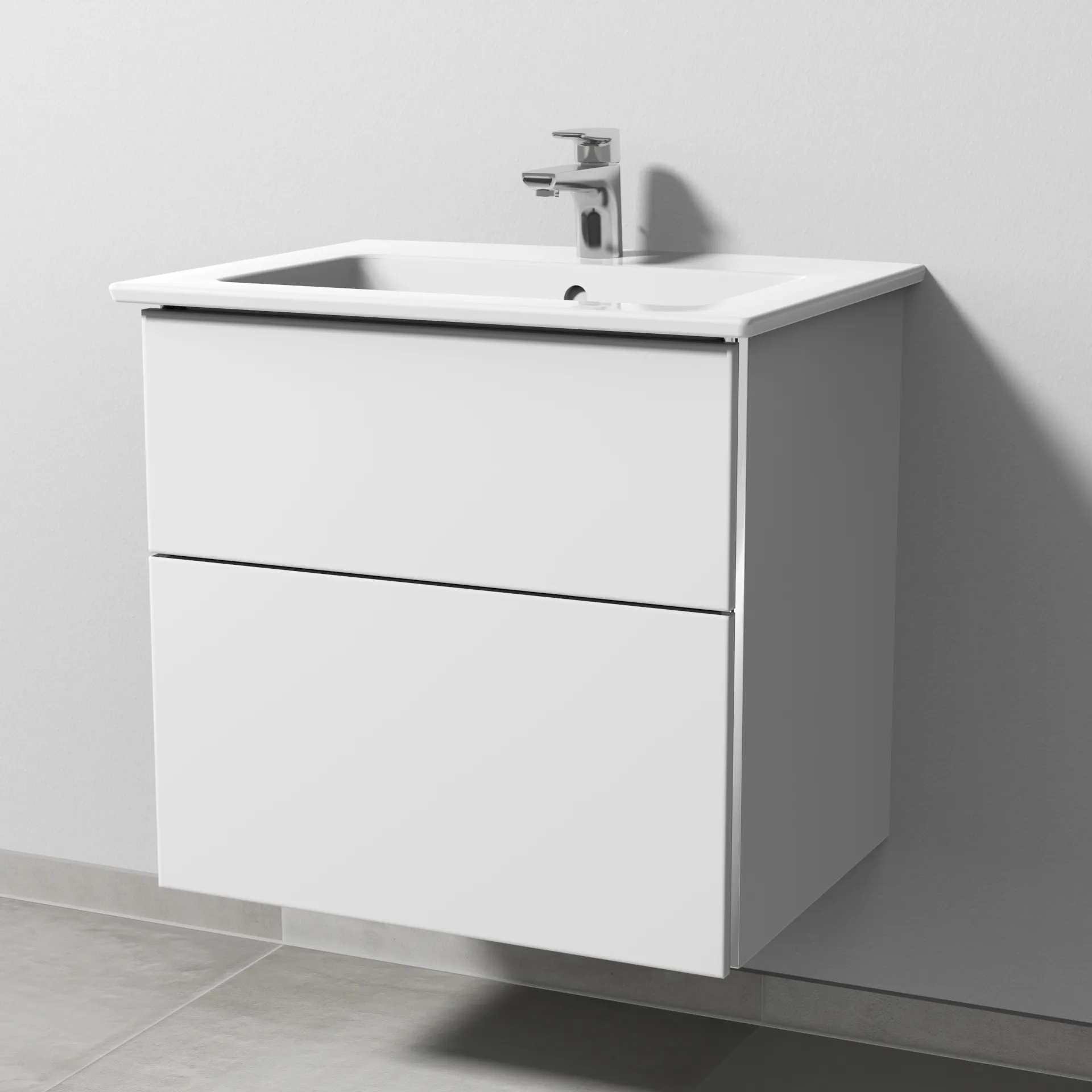 Sanipa Keramik-Waschtisch-Waschtischunterschrank mit Waschtischunterschrank „3way“ 605 × 591 × 477 mm in Weiß-Soft, mit Hahnlochbohrung, Becken mittig