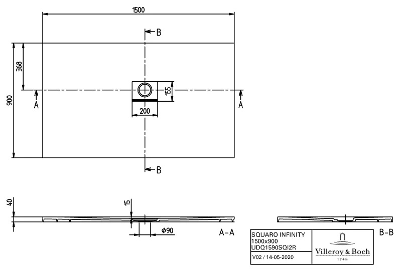 Villeroy & Boch rechteck Duschwanne „Squaro Infinity“ Eck-Einbau rechts gegen Wand 150 × 90 cm