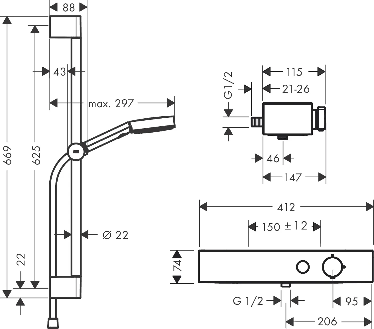 Brausesystem Pulsify 105 RelaxationBrausethermostat Stange 650mm chrom Brausesystem Pulsify 105 RelaxationBrausethermostat Stange 650mm chrom