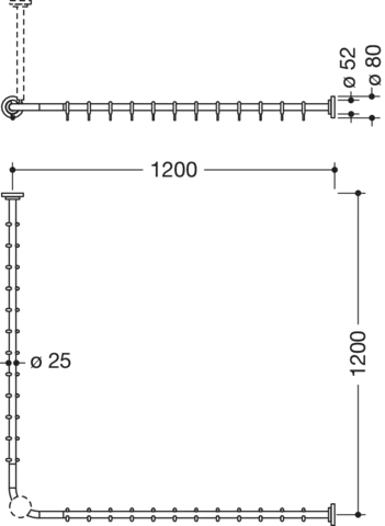 HEWI System 900 Vorhangstange, suizidhemmend, Edelstahl, Achsmaß 1200x1200 mm, schwarz