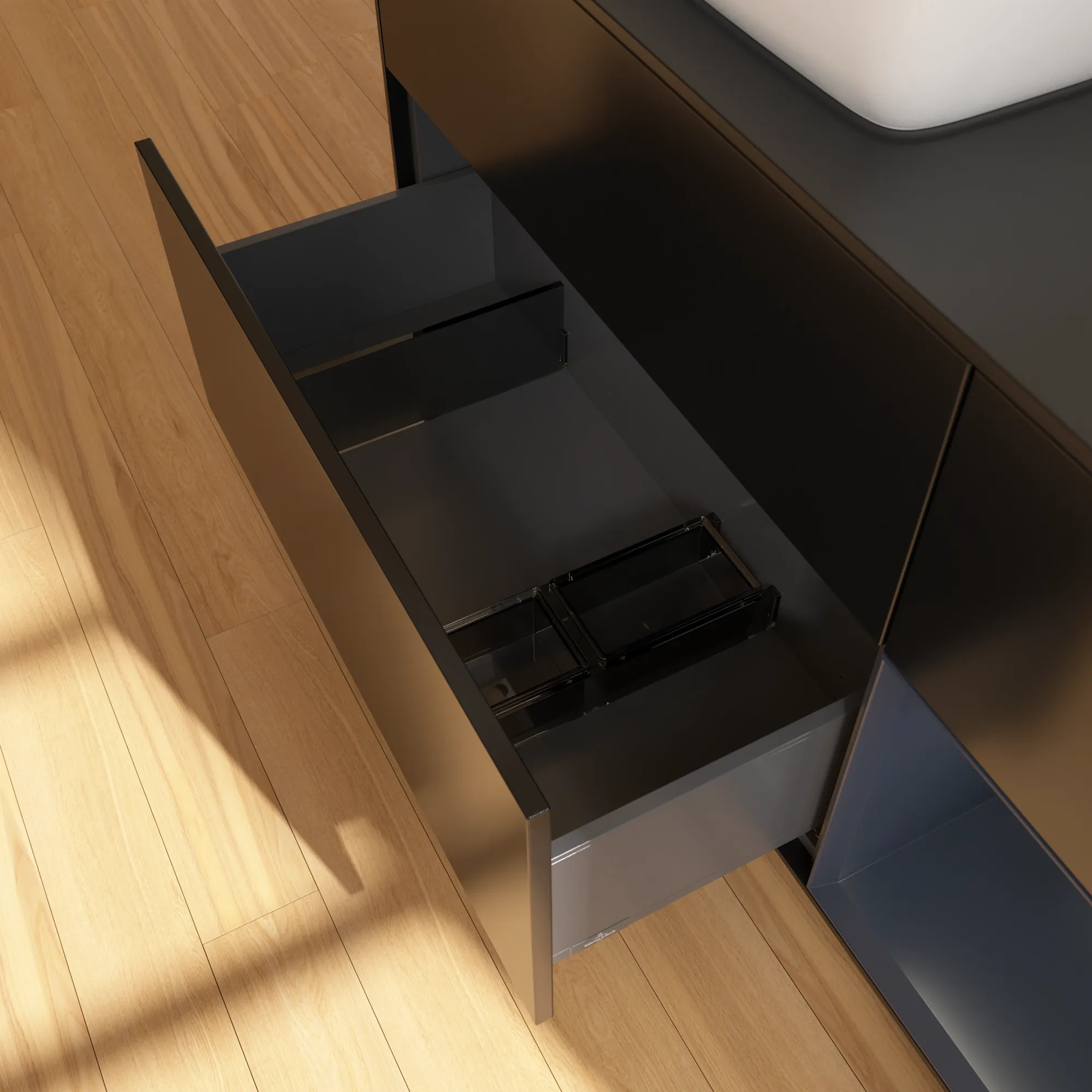 Villeroy & Boch Waschtischunterschrank „Finion“ für Schrankwaschtisch 1200 × 603 × 501 mm Black Matt Lacquer, für Becken links Villeroy & Boch Waschtischunterschrank „Finion“ für Schrankwaschtisch 1200 × 603 × 501 mm Black Matt Lacquer, für Becken links