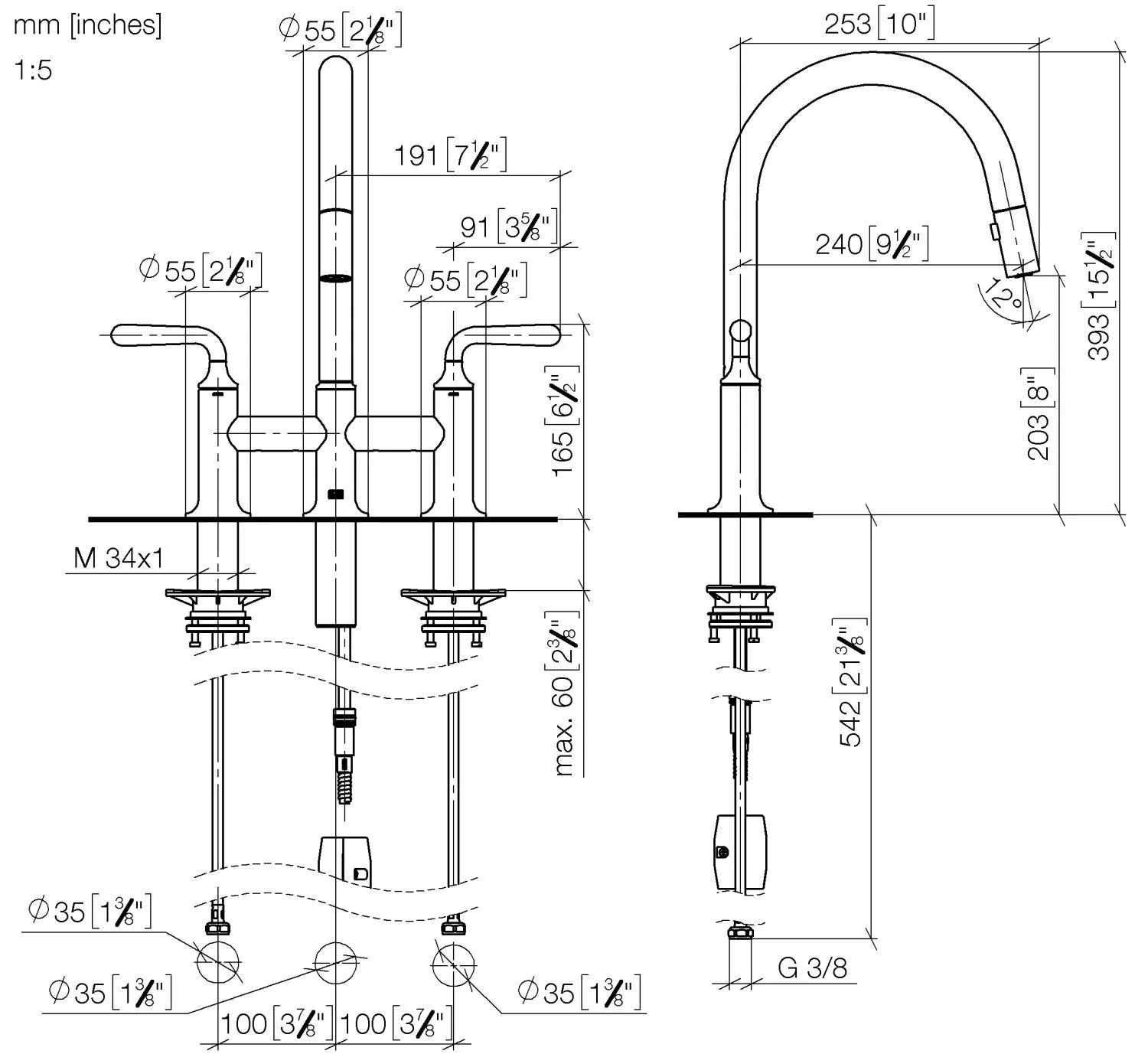 Dornbracht VAIA Dreiloch-Brückenbatterie Pull-down mit Brausefunktion - Chrom Dornbracht VAIA Dreiloch-Brückenbatterie Pull-down mit Brausefunktion - Chrom
