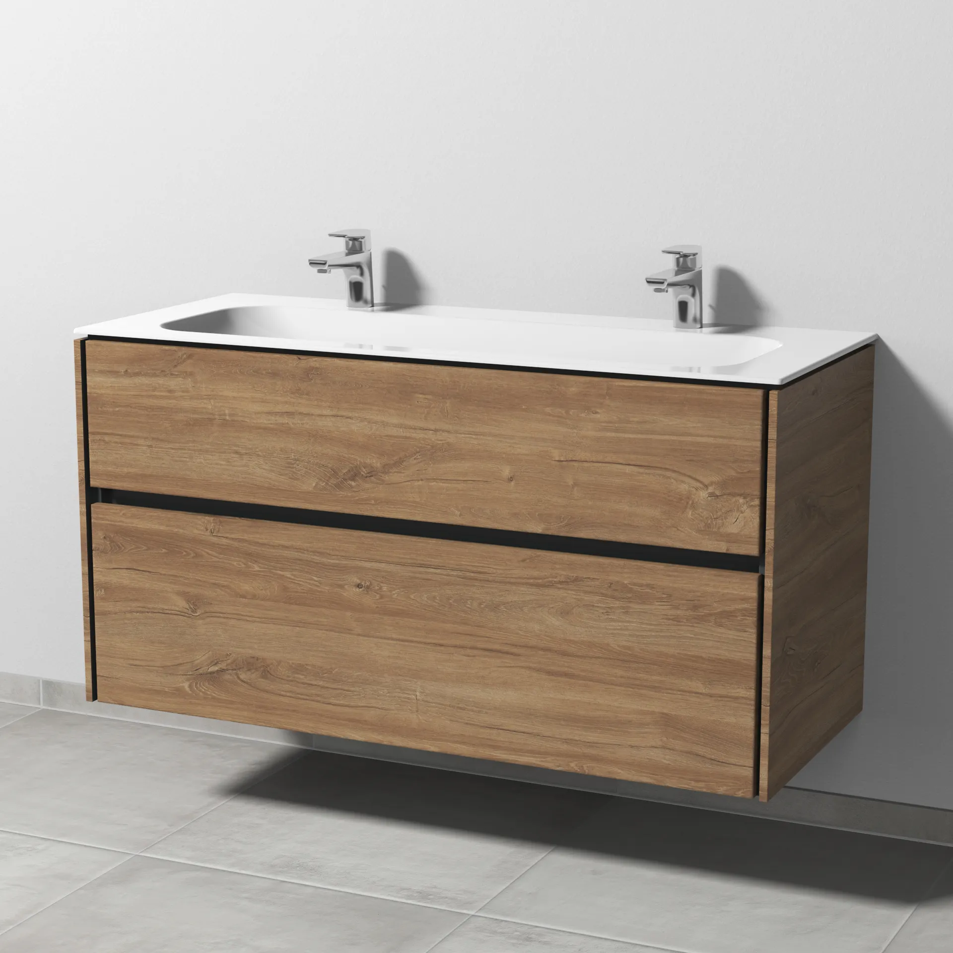 Keramik-Waschtisch-Set mit Waschtischunterschrank „Twiga“ 119 × 50 × 61 cm in Eiche Kansas, ohne Beleuchtung, mit Hahnlochbohrung Keramik-Waschtisch-Set mit Waschtischunterschrank „Twiga“ 119 × 50 × 61 cm in Eiche Kansas, ohne Beleuchtung, mit Hahnlochbohrung