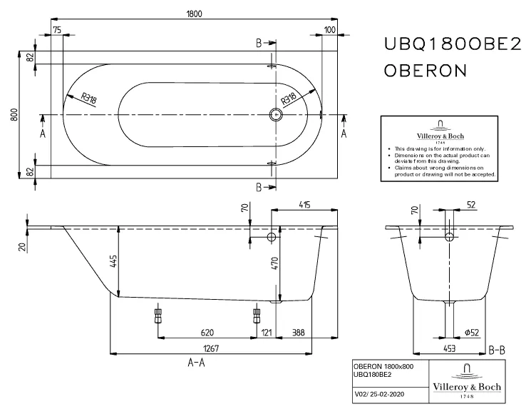 Villeroy & Boch Badewanne „Oberon“ rechteck 180 × 80 cm, Fußablauf