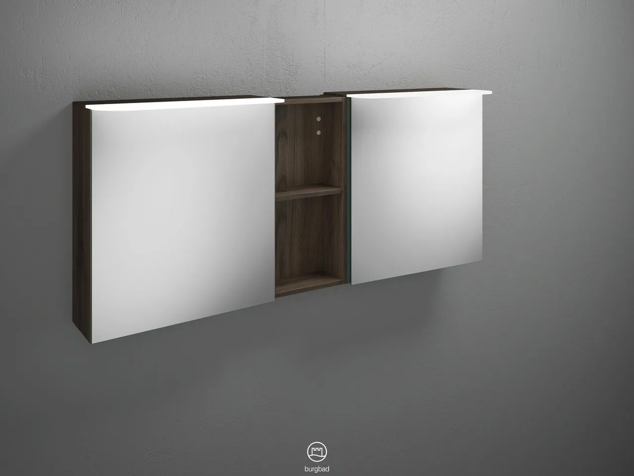 Badu Spiegelschrank SFTY150 von burgbad – 310 mm tief, 1.500 mm breit, 665 mm hoch, beidseitig verspiegelt mit LED-Aufsatzleuchten und Regal Badu Spiegelschrank SFTY150 von burgbad – 310 mm tief, 1.500 mm breit, 665 mm hoch, beidseitig verspiegelt mit LED-Aufsatzleuchten und Regal