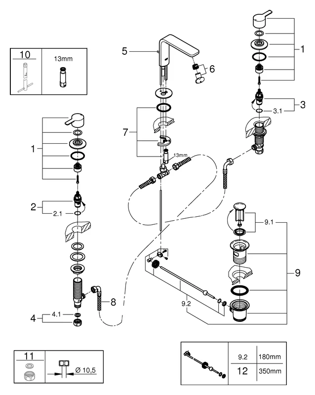 3-Loch-Waschtischbatterie Lineare 20304_1, 5,7 l/min SpeedClean Mousseur, Zugstangen-Ablaufgarnitur 1 1/4″, chrom