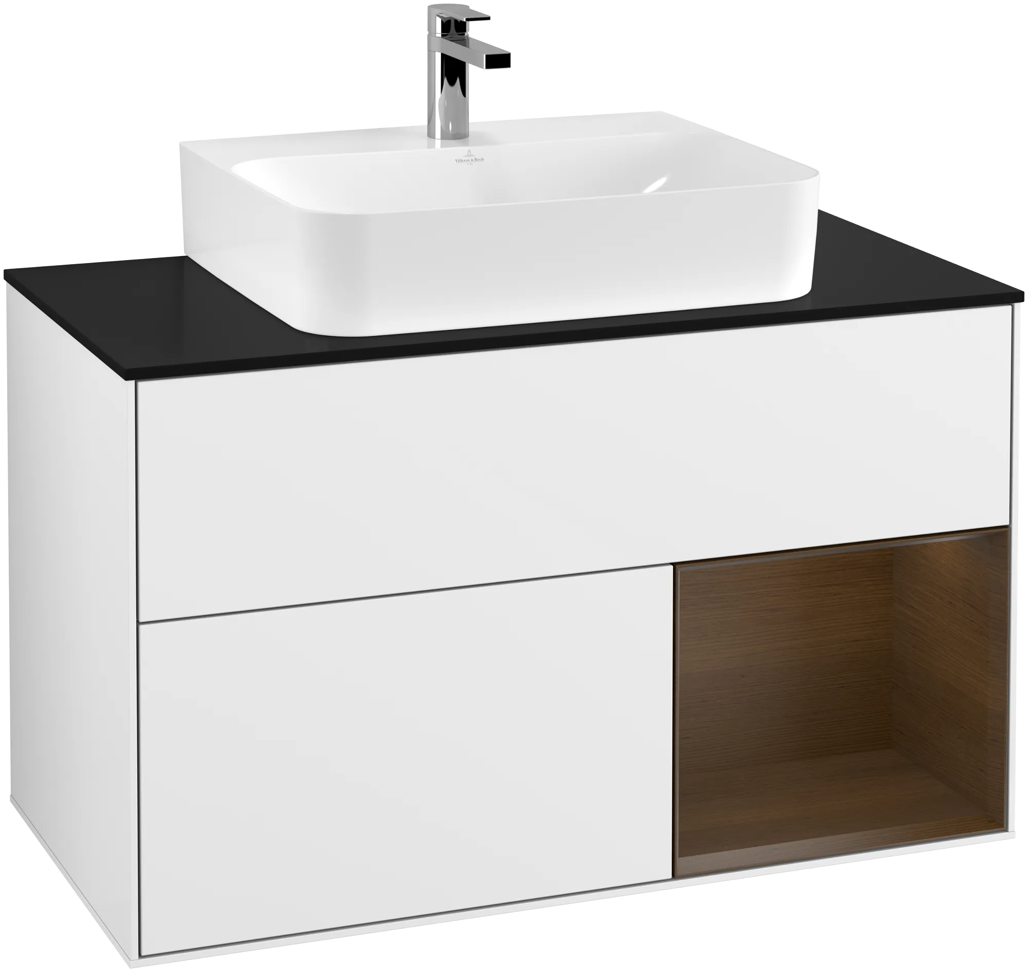 Villeroy & Boch Finion Waschbeckenunterschrank G12 1000x603x501mm Glossy White Lacquer/Walnut Veneer/Glass Black Matt