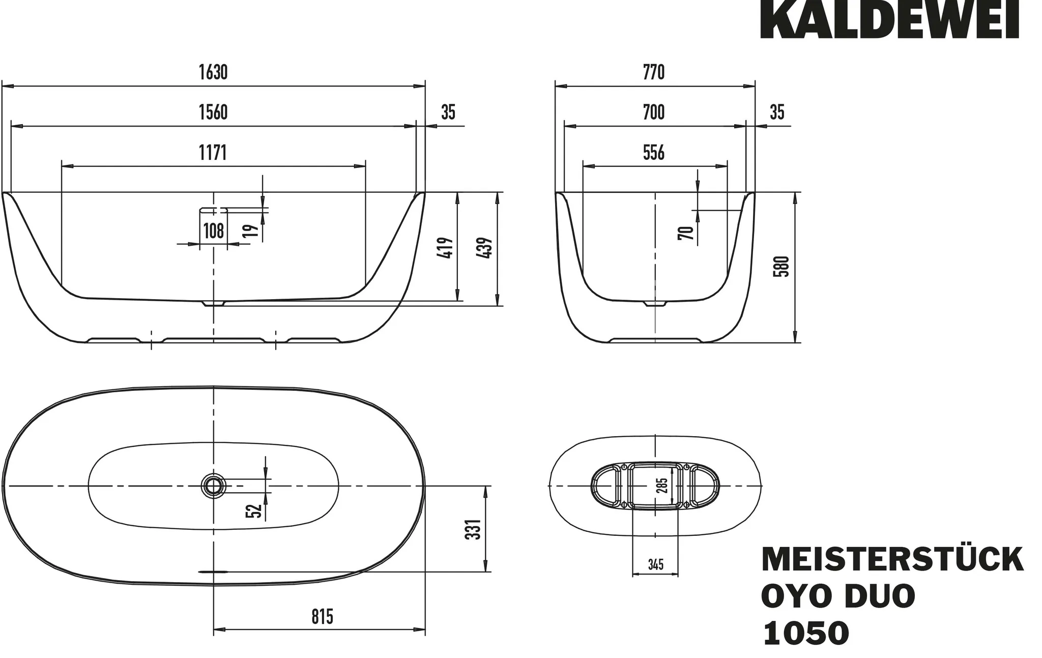 Kaldewei Badewanne „Meisterstück Oyo Duo“ freistehend 1630 × 770 mm, Mittelablauf ohne Überlauf, in cool grey 70 Kaldewei Badewanne „Meisterstück Oyo Duo“ freistehend 1630 × 770 mm, Mittelablauf ohne Überlauf, in cool grey 70