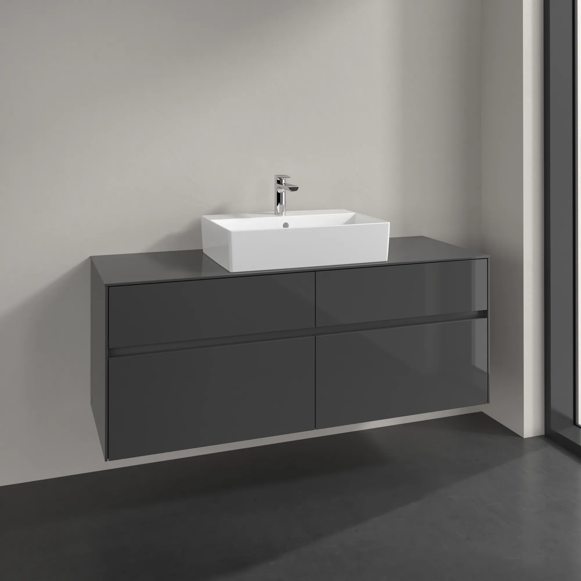 Villeroy & Boch Waschbeckenunterschrank Collaro C13100, Eckig Glossy Grey, 1400x548x500 mm, 4 Auszüge mit SoftClosing, mittige Wanneneinbauposition
