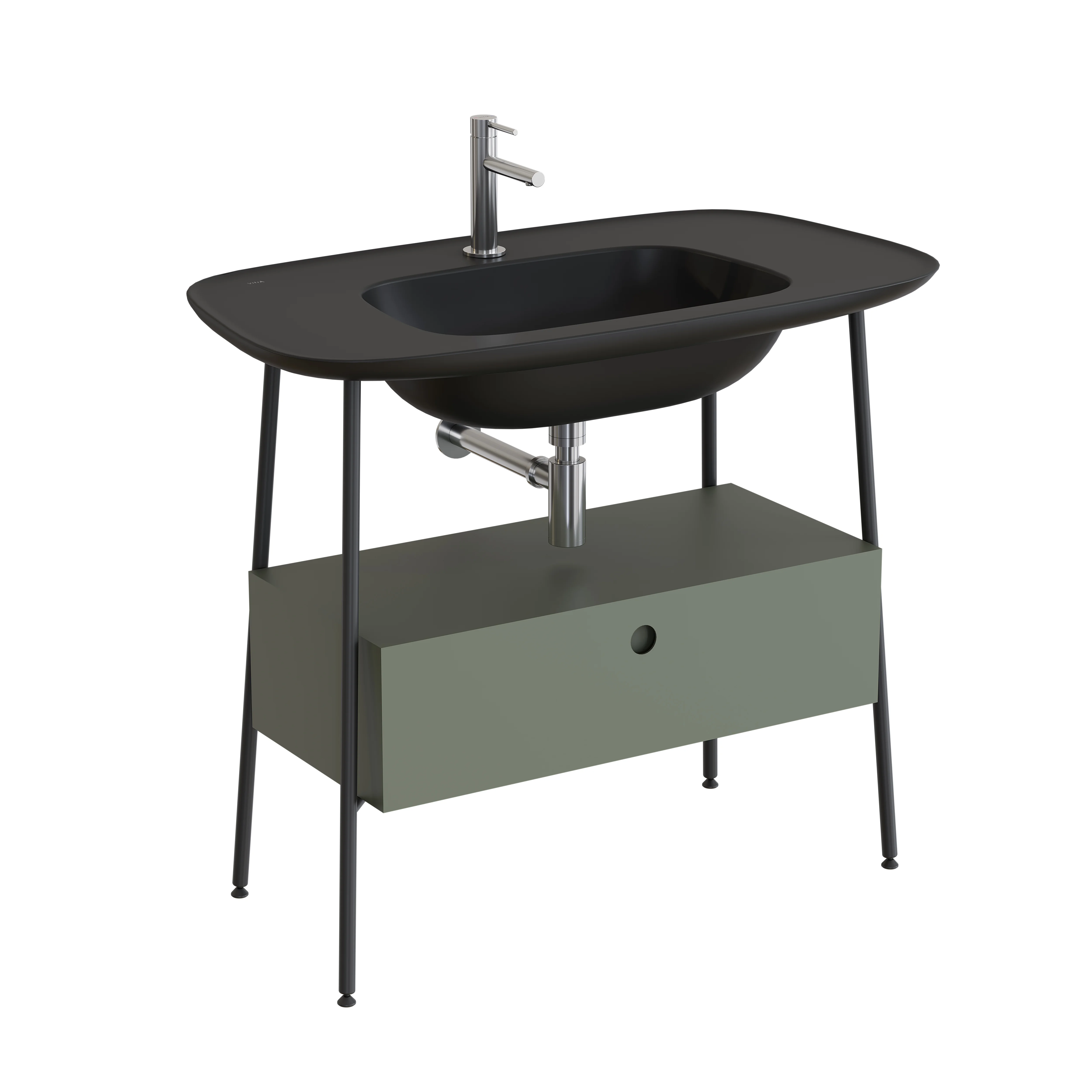 Plural Set 100 cm Waschtischunterbau mit 1 Vollauszug und Möbelwaschtisch Retrogrün Matt/Schwarz Matt