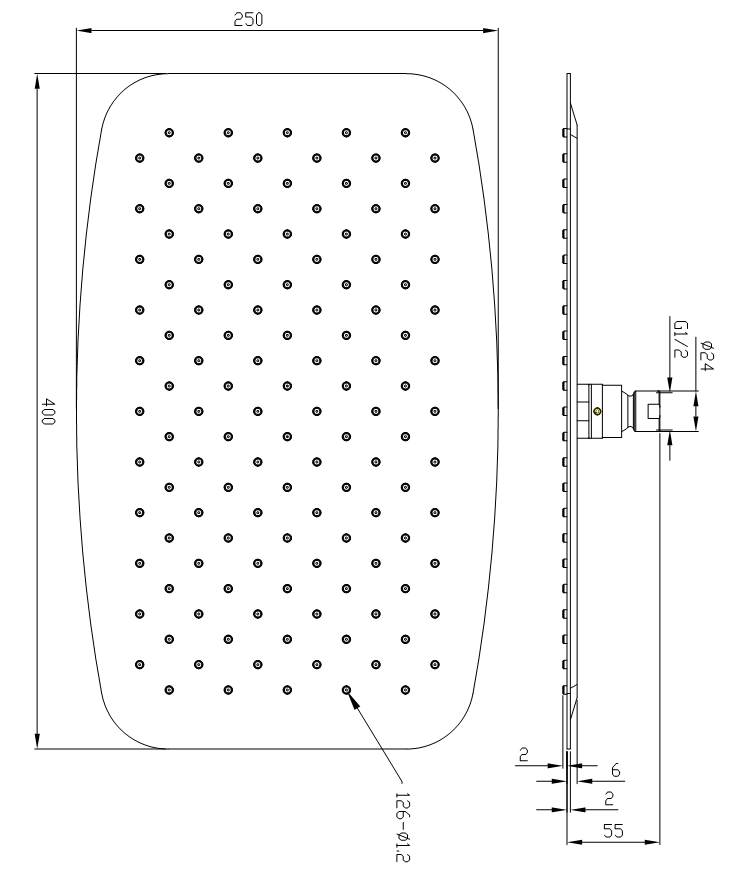 Kopfbrause AqvaGreen - rechteckig - 400 × 250 mm - sichtbare Höhe 2,4 mm - "easy-clean" - 1/2″ IG - Kugelgelenk, 45° schwenkbar - 11,9 L/min bei 3 bar - Edelstahl, hochglanzpoliert