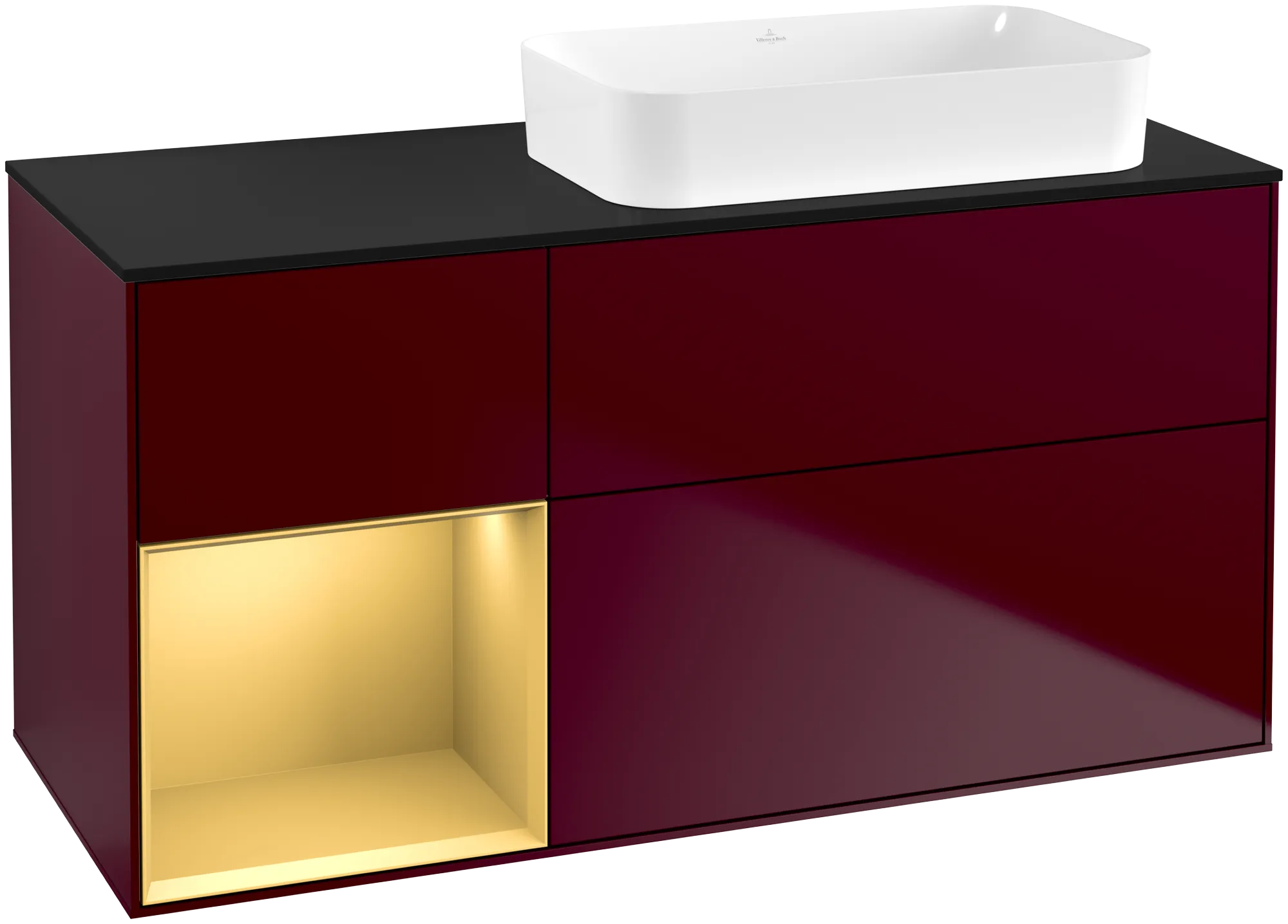 Villeroy & Boch Waschbeckenunterschrank Finion F68, 1200x603x501mm, mit Beleuchtung, 3 Auszüge, Waschbecken rechts, Peony Matt Lacquer / Gold Matt