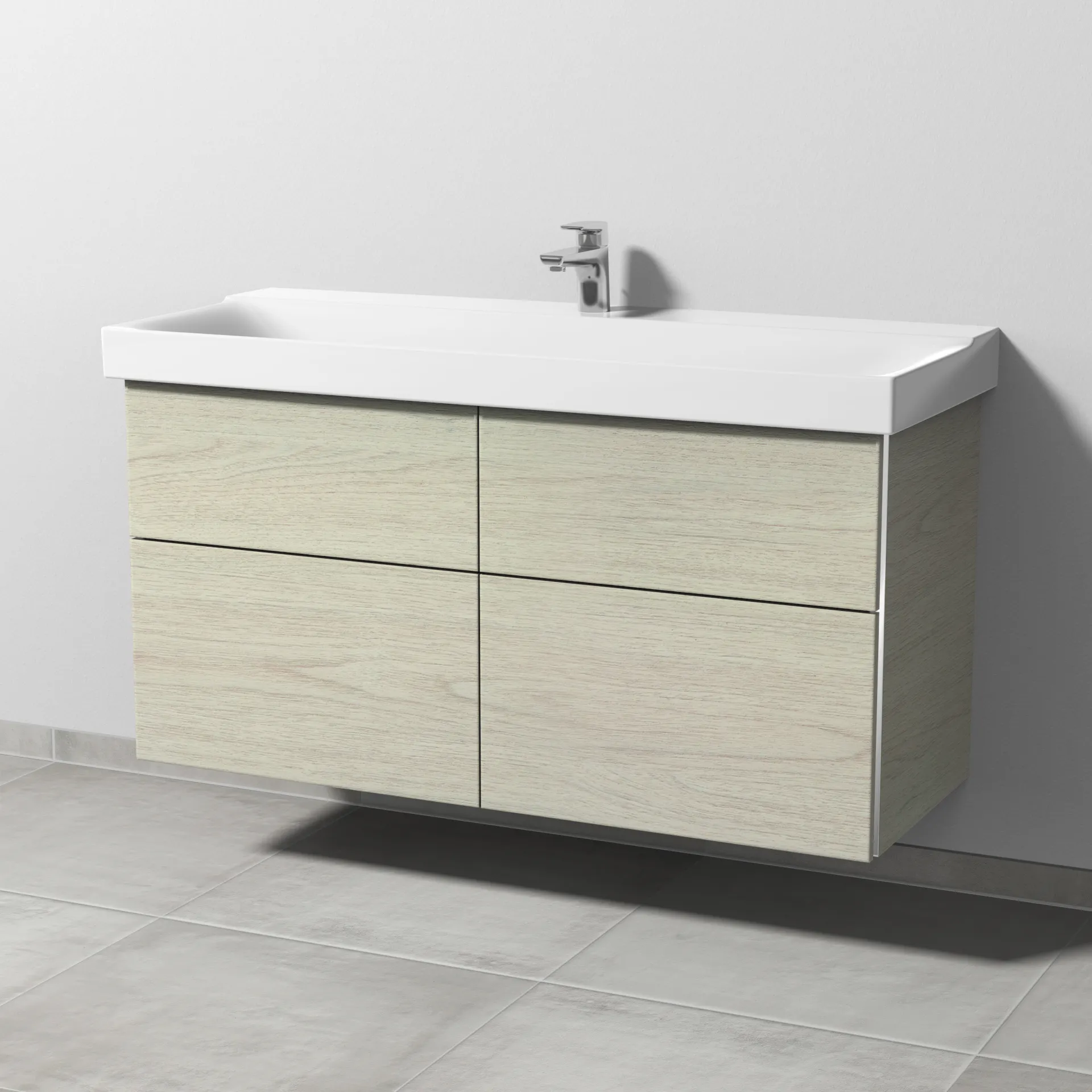 Sanipa Waschtischunterschrank „3way“ passend zu Keramik-Waschtische Xeno2 von Geberit 1150 × 593 × 452 mm in White Oak, Becken mittig