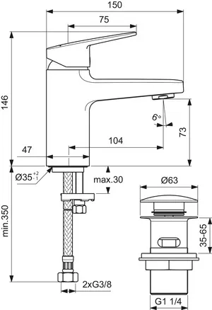 Waschtischarmatur Ceraplan H75 mit Push-Open Ausladung 104mm Chrom