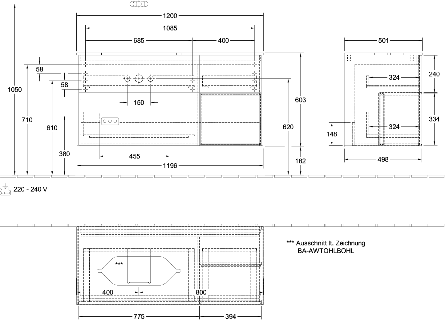 Villeroy & Boch Finion Waschbeckenunterschrank G69, 1200x603x501mm, mit Beleuchtung, 3 Auszüge, links