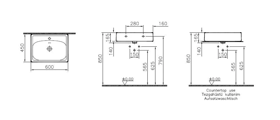VitrA Equal Aufsatzwaschtisch 60 cm asymmetrisch mit Hahnlochbank Weiß Hochglanz