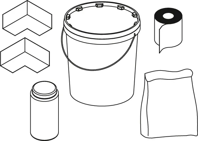Dichtset bestehend aus 2,5 kg Pulverkomponente, 1,2 kg Flüssigkomponente, 10 m Dichtband, 2 Dichtecken innen