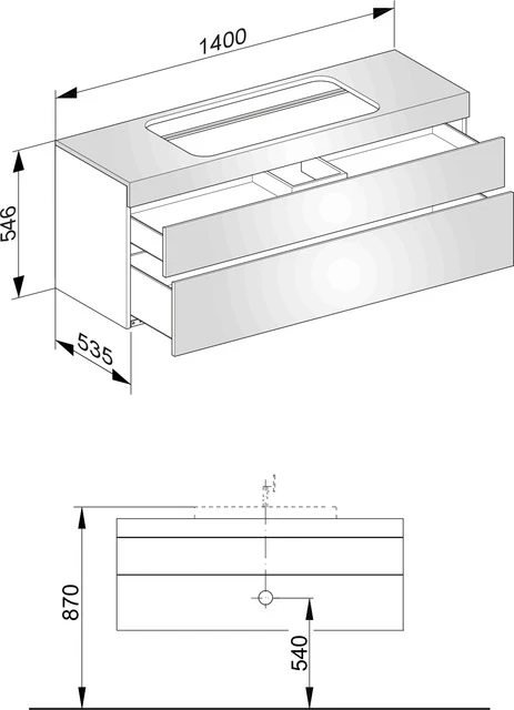 Edition 400 Waschtischunterbau o. Hahnlochbohrung, 2 Auszüge 1400 x 546 x 535 mm weiß/Glas trüffel satiniert Waschtischunterbau Edition 400 31583, 2 Auszüge, weiß/Glas trüffel sat.