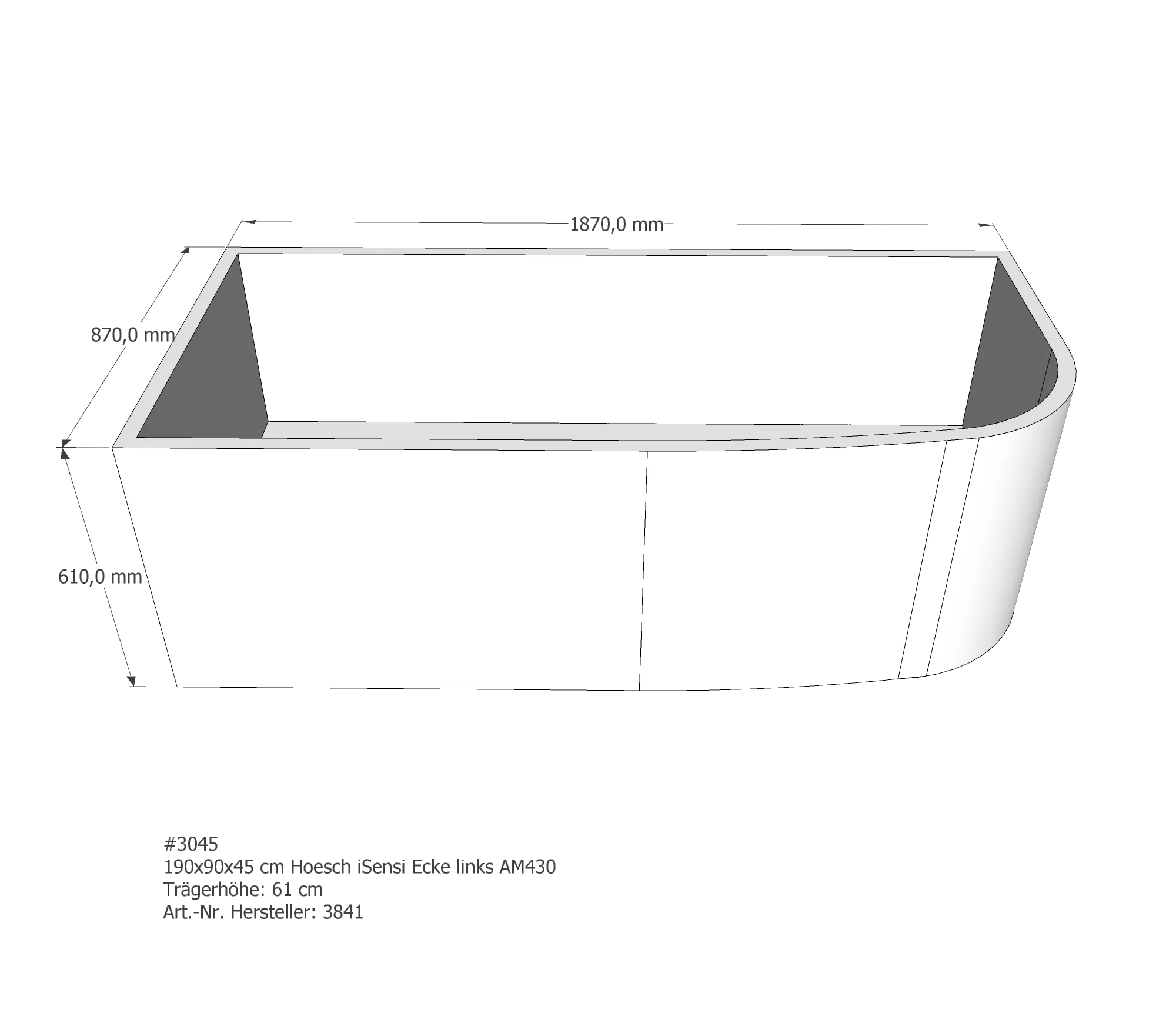 Badewannenträger passend für Hoesch iSensi links 190 × 90 × 45 cm