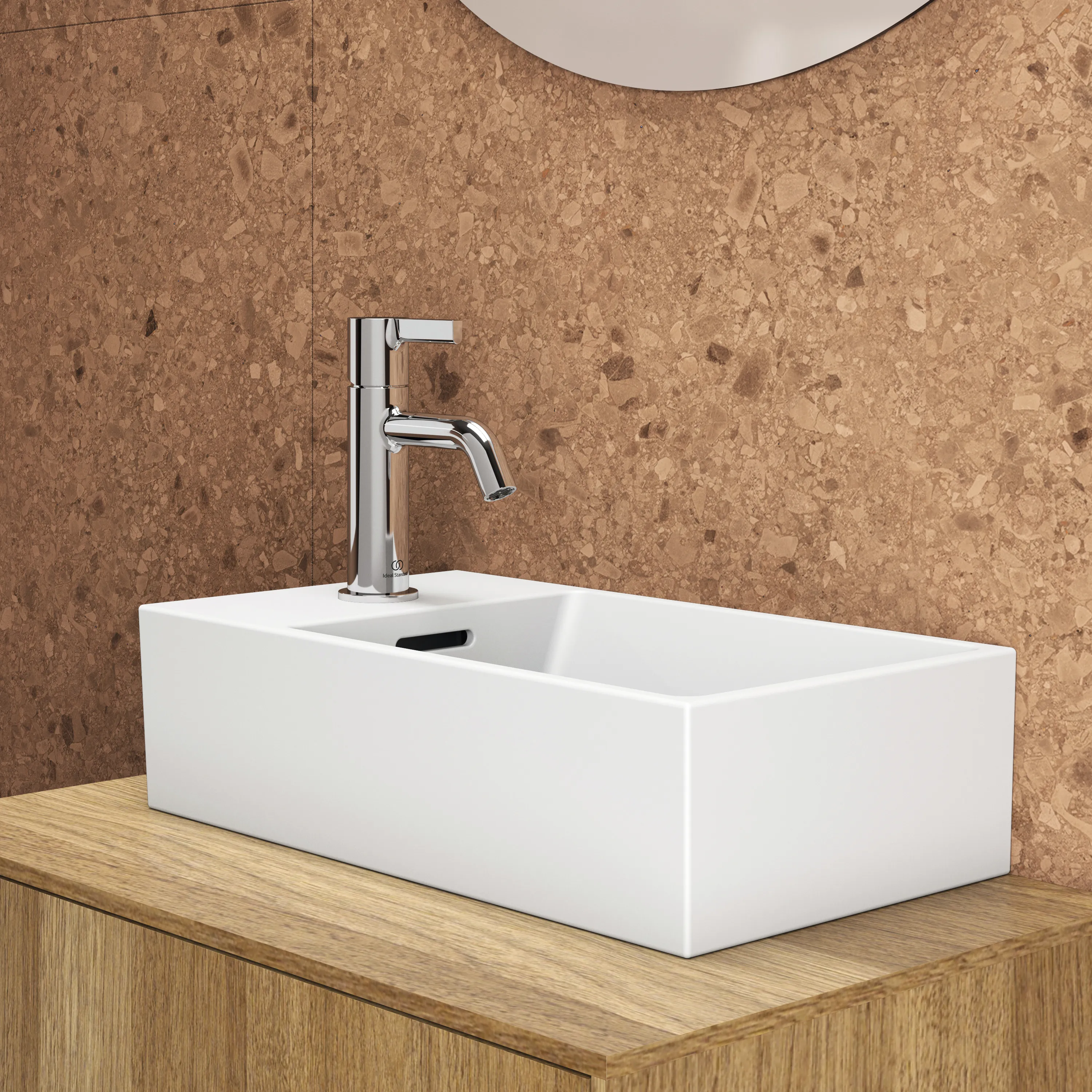 Ideal Standard Handwaschbecken Extra, Seidenweiß, 450x250x150 mm, 1 Hahnloch links mit Überlauf, geschliffene Unterseite Ideal Standard Handwaschbecken Extra, Seidenweiß, 450x250x150 mm, 1 Hahnloch links mit Überlauf, geschliffene Unterseite