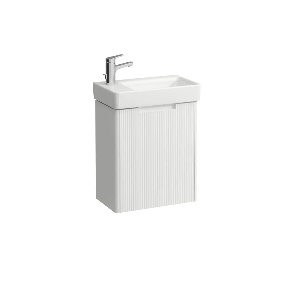 Waschtisch+Waschtischunterbau PRO S SET JUNA 280x480x607 1 Hahnloch mit Überlauf 1 Tür Scharnier links mit Griffmulde weiß/we matt