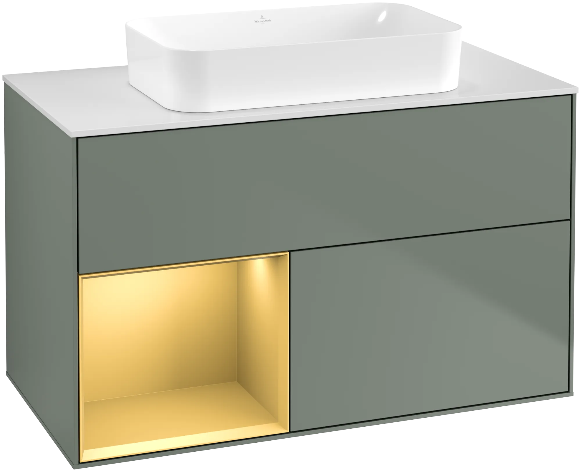Villeroy & Boch Waschtischunterschrank „Finion“ für Schrankwaschtisch 1000 × 603 × 501 mm Olive Matt Lacquer, ohne Hahnlochbohrung, für Becken mittig Villeroy & Boch Waschtischunterschrank „Finion“ für Schrankwaschtisch 1000 × 603 × 501 mm Olive Matt Lacquer, ohne Hahnlochbohrung, für Becken mittig