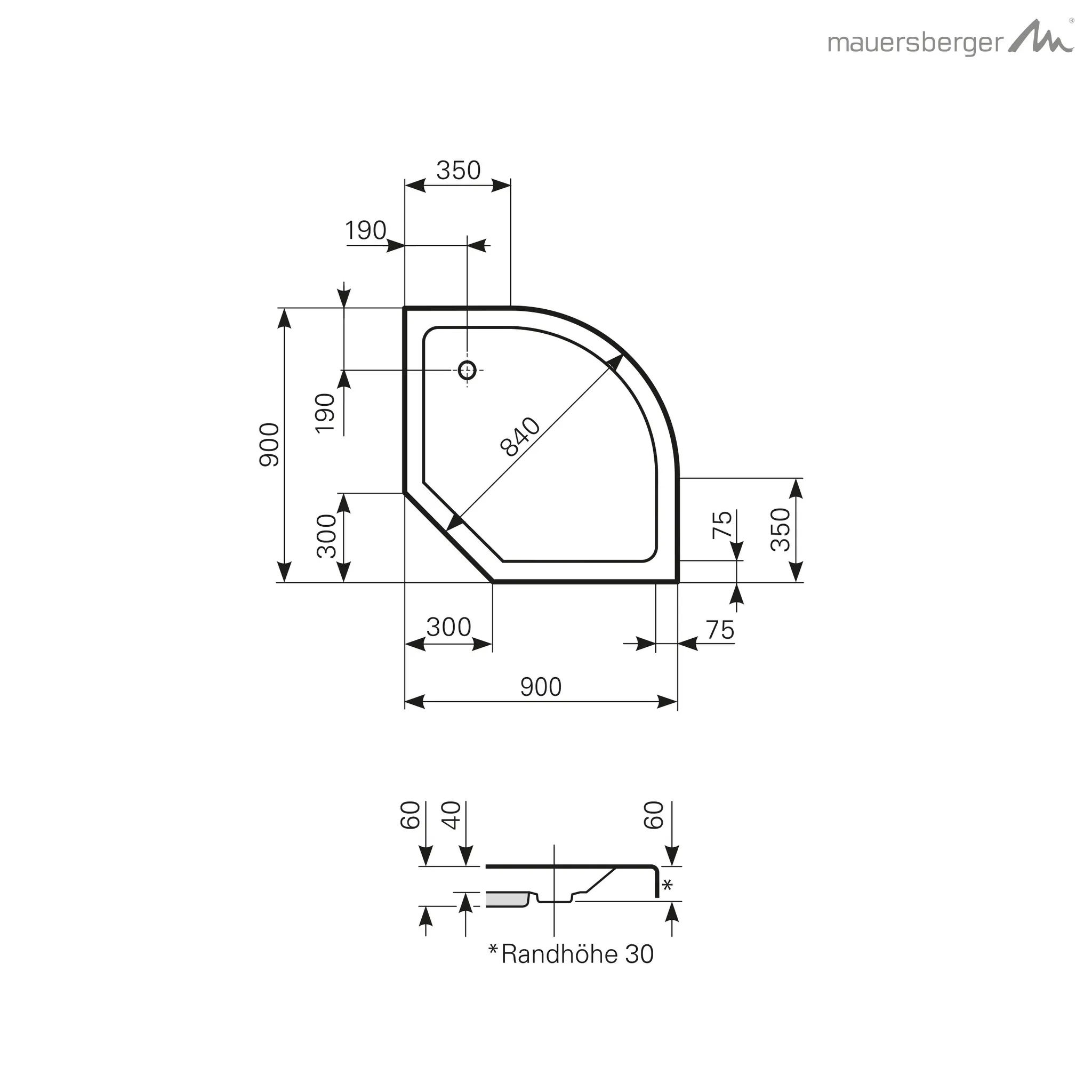 Mauersberger Acryl-Duschwanne argenta 90 flach, R:55, 900x900x60, Farbgruppe: 3