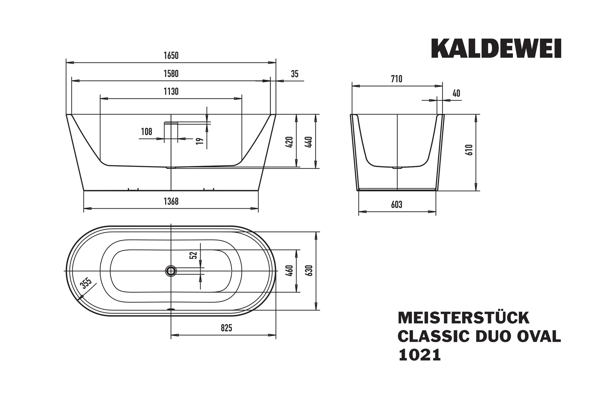 Kaldewei MEISTERSTÜCK CLASSIC DUO OVAL Badewanne, oval, 1650 x 710 mm, alpinweiß matt, Stahl-Emaille, freistehend mit mittigem Ab- und Überlaufdeckel