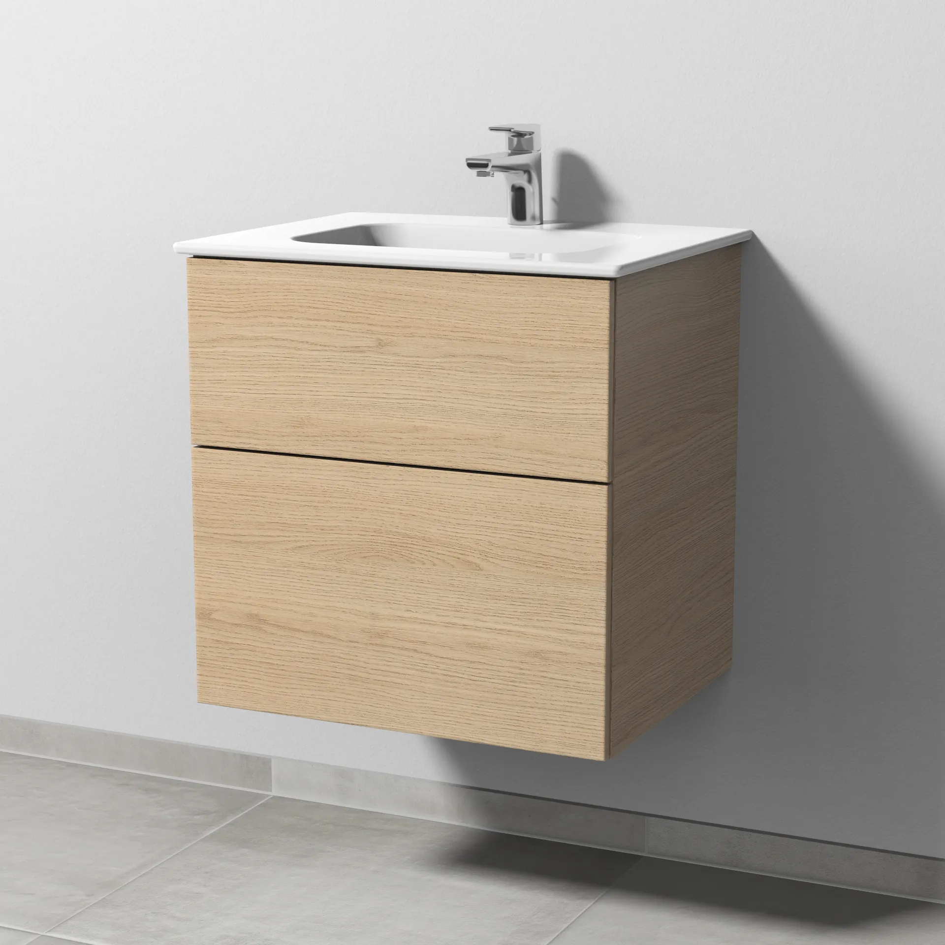 Keramik-Waschtisch-Set mit Waschtischunterschrank „3way“ 57 × 46 × 58,2 cm in Eiche Nordic, mit Hahnlochbohrung, Becken mittig
