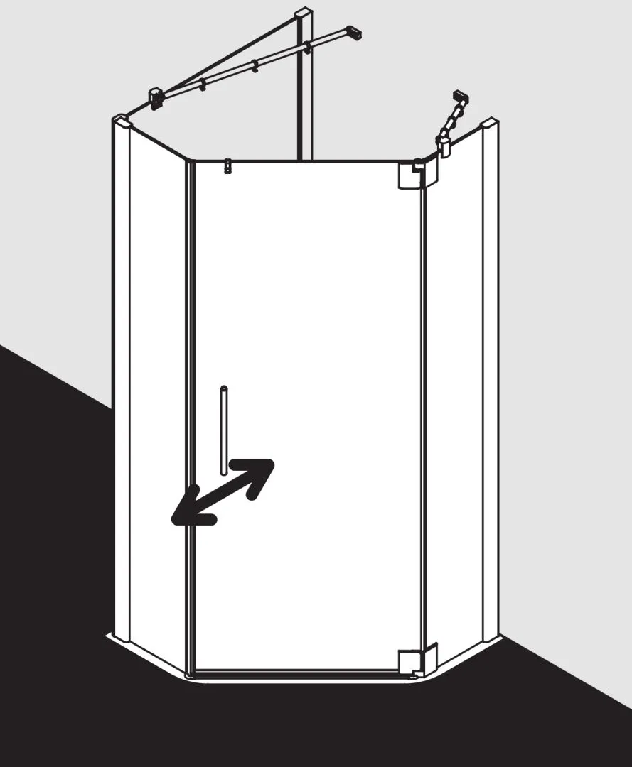 Kermi Duschdesign Fünfeck-Duschkabine mit Pendeltür rechts mit Festfeldern für gleichschenklige Wannen „PASA XP“ Glas SR Opaco, Profile Silber Hochglanz, BV: 870 - 900 mm GAK: 855 - 885 mm WE: 880 - 910 mm H: 1850 mm