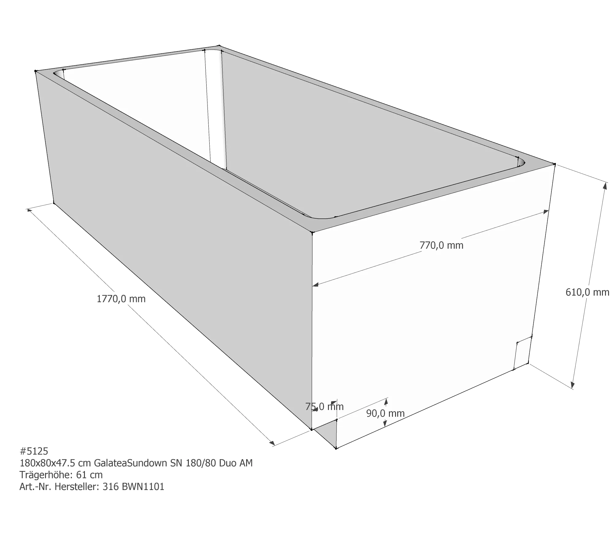 Badewannenträger für Galatea Sundown 180 × 80 × 47,5 cm