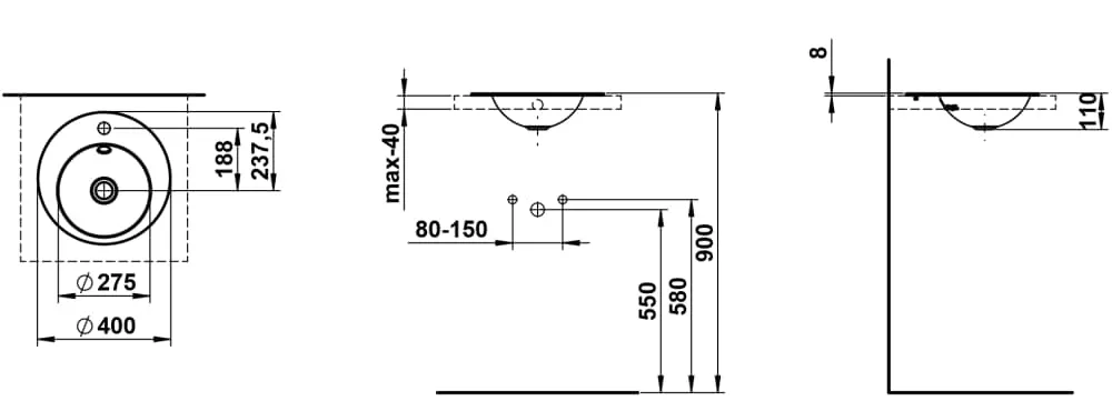 Laufen Einbauwaschtisch FORM, rund, ohne Armaturenloch, ohne Überlauf, Stahl, 400 x 400 x 140 mm in Dark Iron