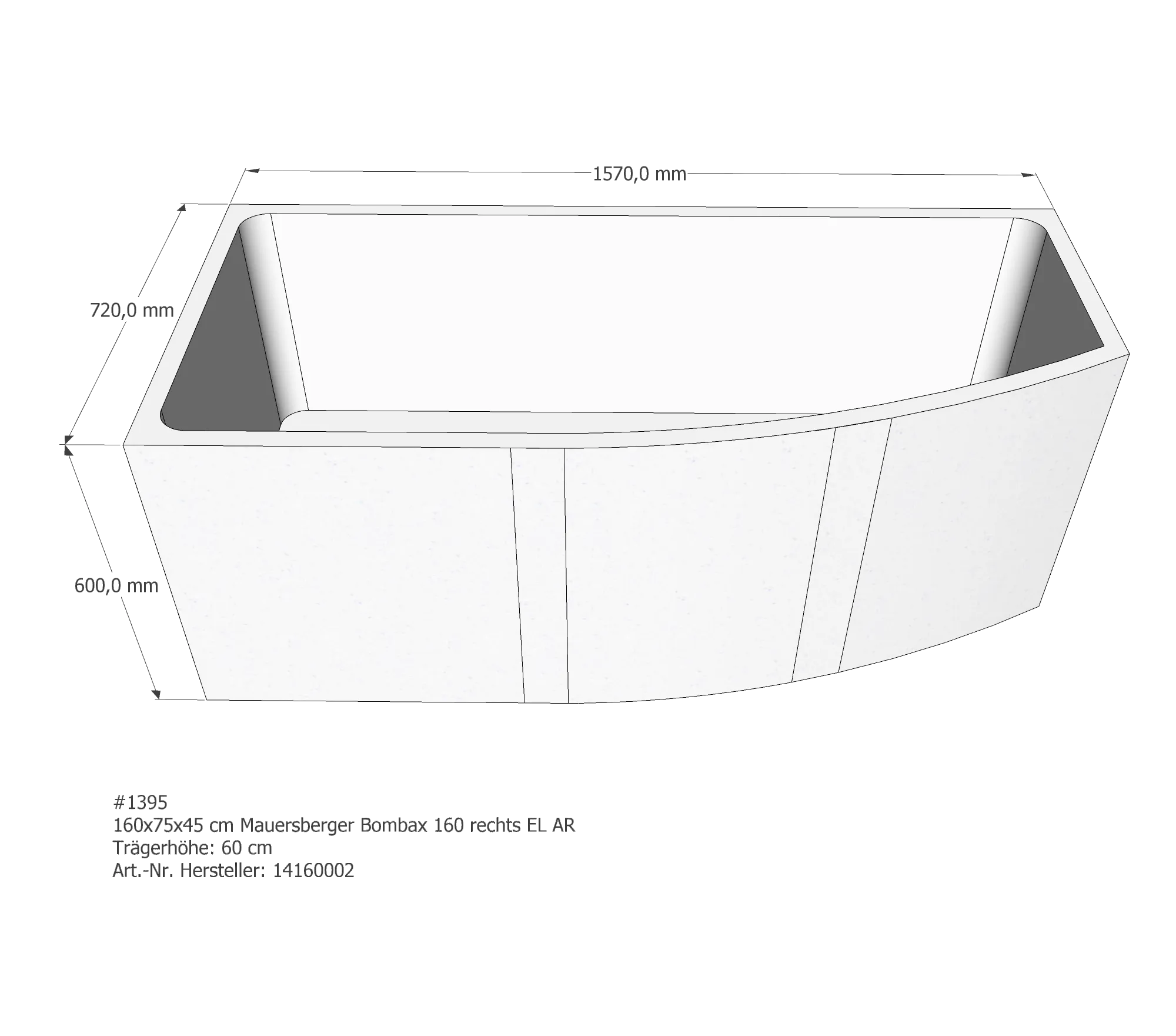 Badewannenträger passend für Mauersberger Bombax rechts 160 × 75 × 45 cm