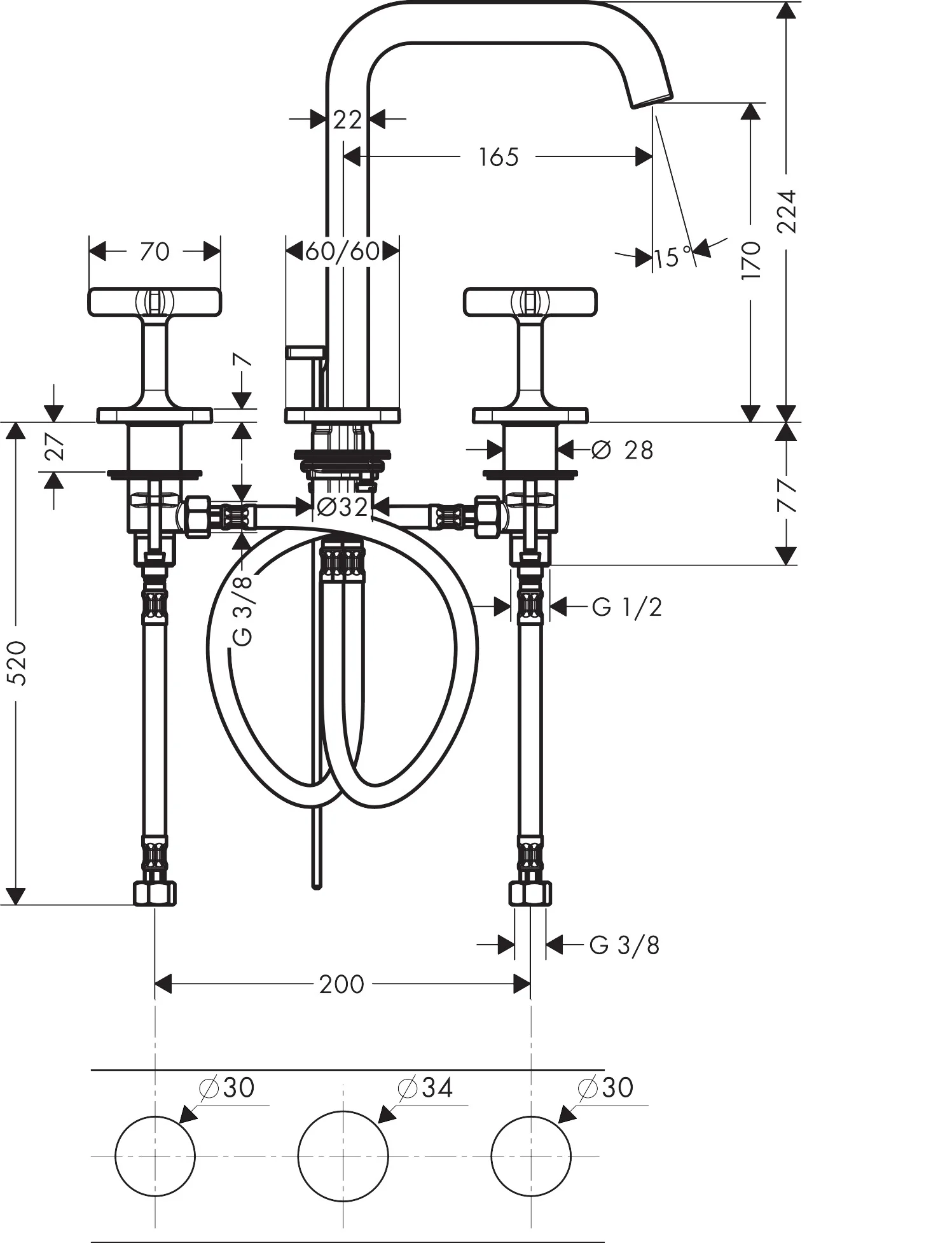 Hansgrohe AXOR Citterio E 3-Loch Waschtischarmatur Chrom, ComfortZone 170, Ausladung 165 mm, Auslaufhöhe 170 mm, Kreuzgriff, Laminarstrahl, max. Durchfluss 5 l/min