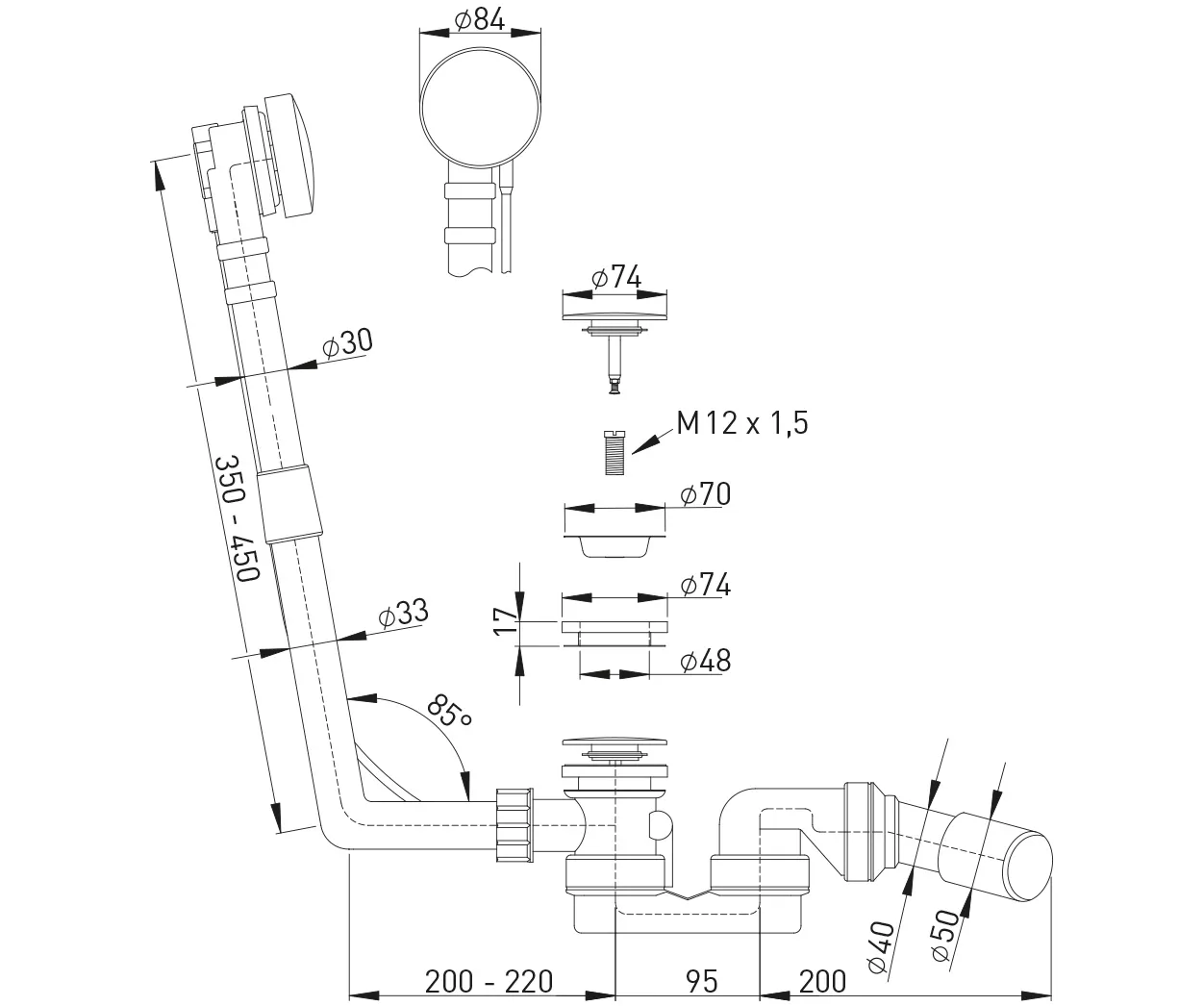 Ablaufgarnitur MW f. Normalbadewannen und tiefe Brausetassen,Abgang 40/50 mm Ablaufgarnitur MW f. Normalbadewannen und tiefe Brausetassen,Abgang 40/50 mm