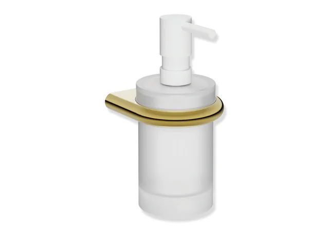HEWI Seifenspender Serie 480, Edelstahlhalter PVD-beschichtet, Kristallglas satiniert, Pumpenkopf weiß tiefmatt, Füllmenge ca. 200 ml, 85 x 168 x 92 mm, Farbe BZ (Gold glänzend)