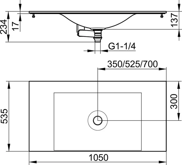 Edition 11 31270701000 Varicor-Waschtisch Edition 11 ohne Hahnlochbohrung 1050 × 17 × 535 mm arktis weiß seidenmatt