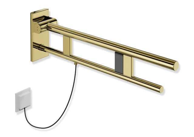 HEWI Stützklappgriff Duo System 900 Design A, Edelstahl PVD gold glänzend, Ausladung 700 mm, rechts, mit Spül-/Funktionstasten HEWI Stützklappgriff Duo System 900 Design A, Edelstahl PVD gold glänzend, Ausladung 700 mm, rechts, mit Spül-/Funktionstasten