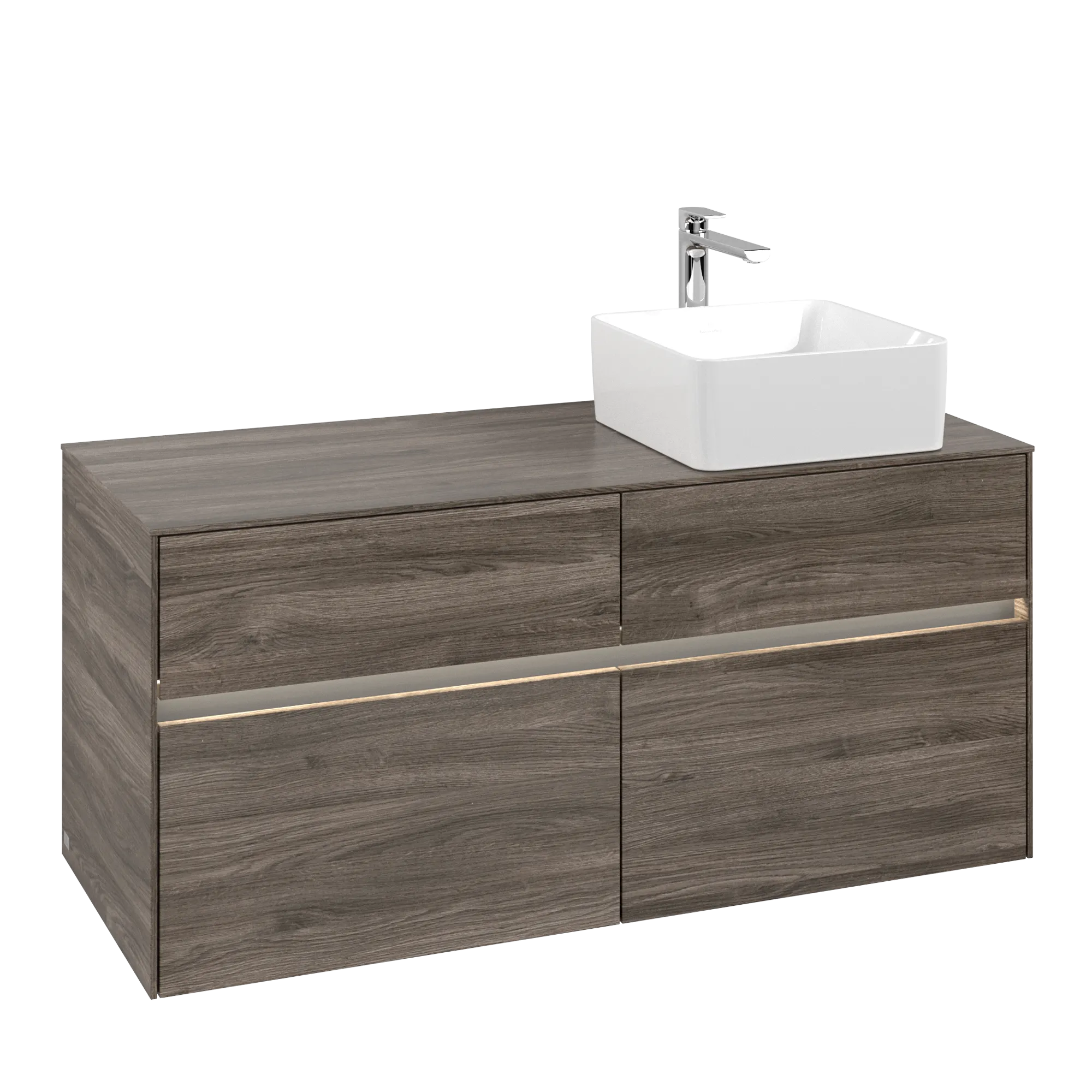 Villeroy & Boch Waschtischunterschrank „Collaro“ 1200 × 548 × 500 mm Stone Oak, für Becken rechts, mit Beleuchtung Villeroy & Boch Waschtischunterschrank „Collaro“ 1200 × 548 × 500 mm Stone Oak, für Becken rechts, mit Beleuchtung