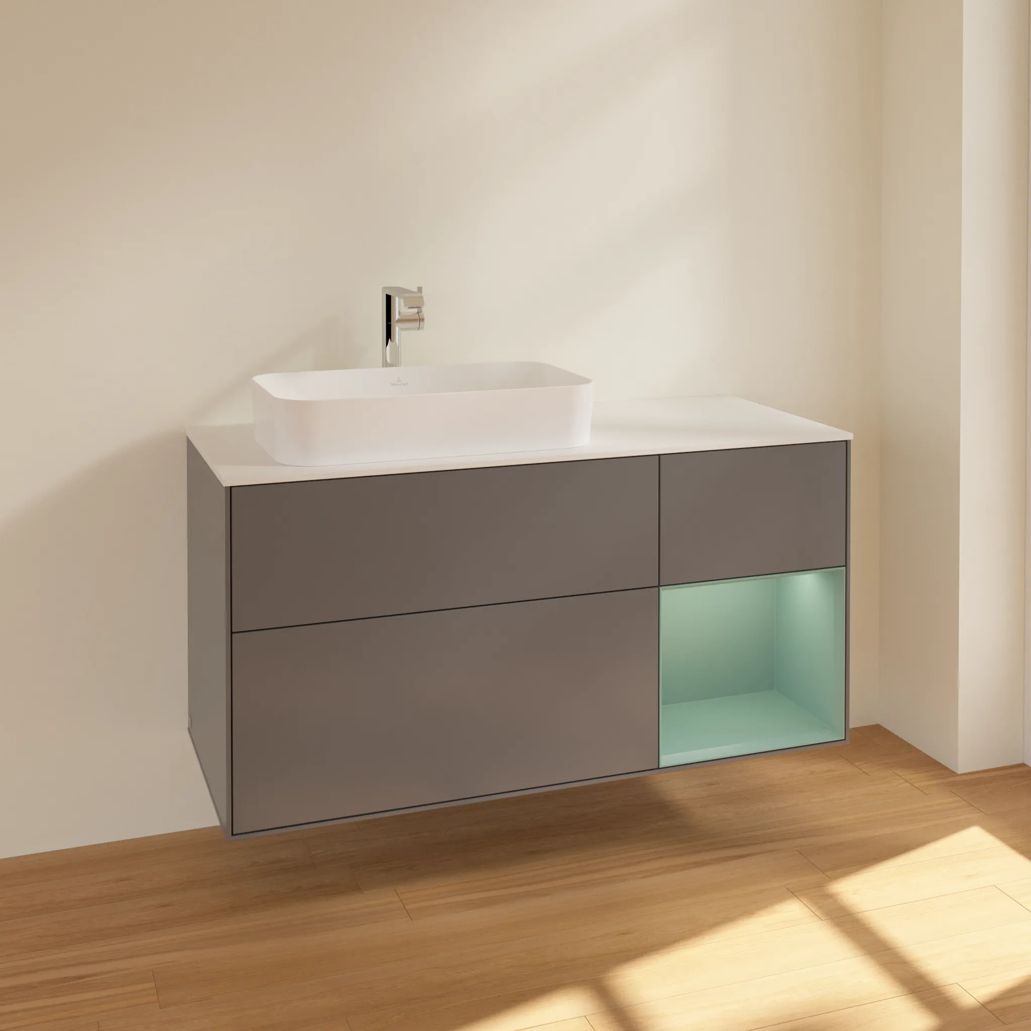 Villeroy & Boch Waschtischunterschrank „Finion“ für Schrankwaschtisch 1200 × 603 × 501 mm Anthracite Matt Lacquer, für Becken links, mit Hahnlochbohrung