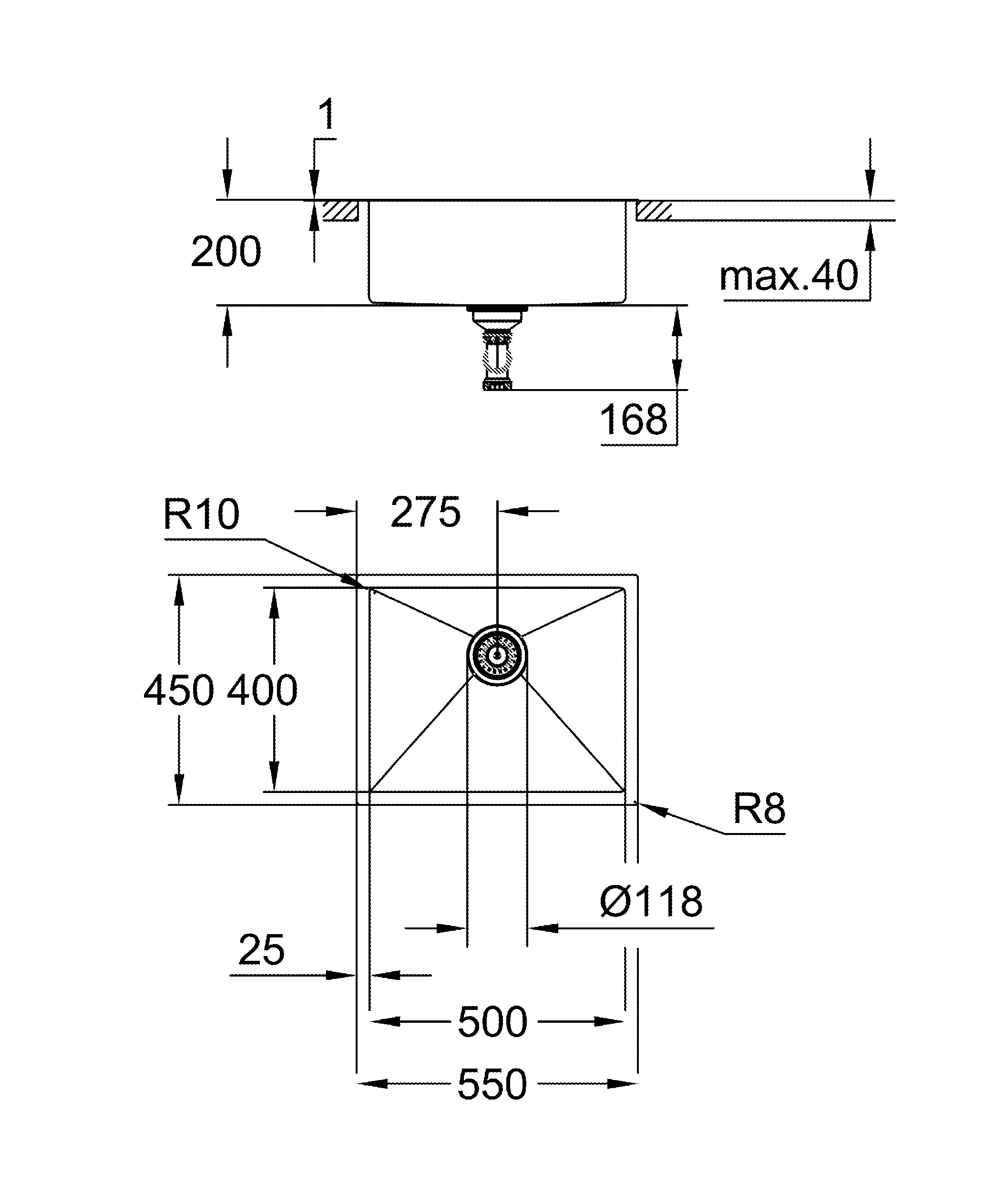 Edelstahlspüle K700 31726, Modell: K700 60-S 55/45 1.0, Montageart: Standard-Einbau, flächenbündig oder Unterbau, Maße: 550 x 450 mm, 1 Becken: 500 x 400 x 200 mm, edelstahl