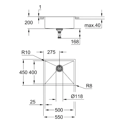 Grohe K700 Edelstahlspüle, Modell: K700 60-S 55⁄45 1.0, Unterbau Grohe K700 Edelstahlspüle, Modell: K700 60-S 55⁄45 1.0, Unterbau